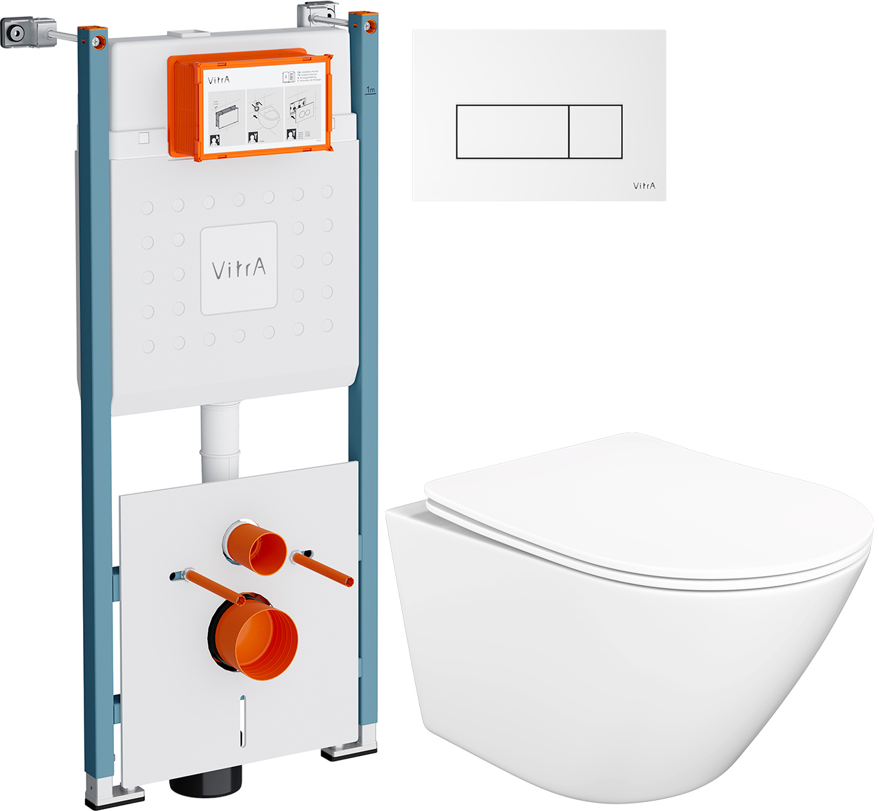 Комплект 3 в 1 Унитаз подвесной STWORKI Левангер S07401WH безободковый, смыв Торнадо, с микролифтом, антивсплеск + Инсталляция VitrA V-Fix Core 732-5800-01PV + Кнопка Root Square 740-2300 цвет глянцевый белый