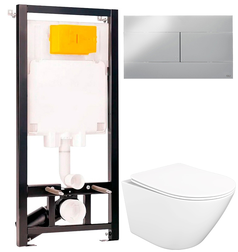 Комплект 4 в 1: Инсталляция OLI 80 ECO Sanitarblock mechanic + Унитаз подвесной STWORKI Левангер S07401WH + Кнопка хром + Комплект креплений