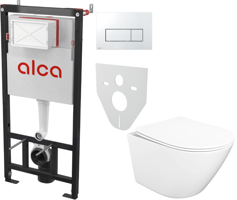 Комплект 4 в 1: Инсталляция AlcaPlast AM101/1120-4:1 RU M571-0001 + Унитаз подвесной STWORKI Левангер S07401WH + Кнопка хром глянец + Комплект шумоизоляции, креплений