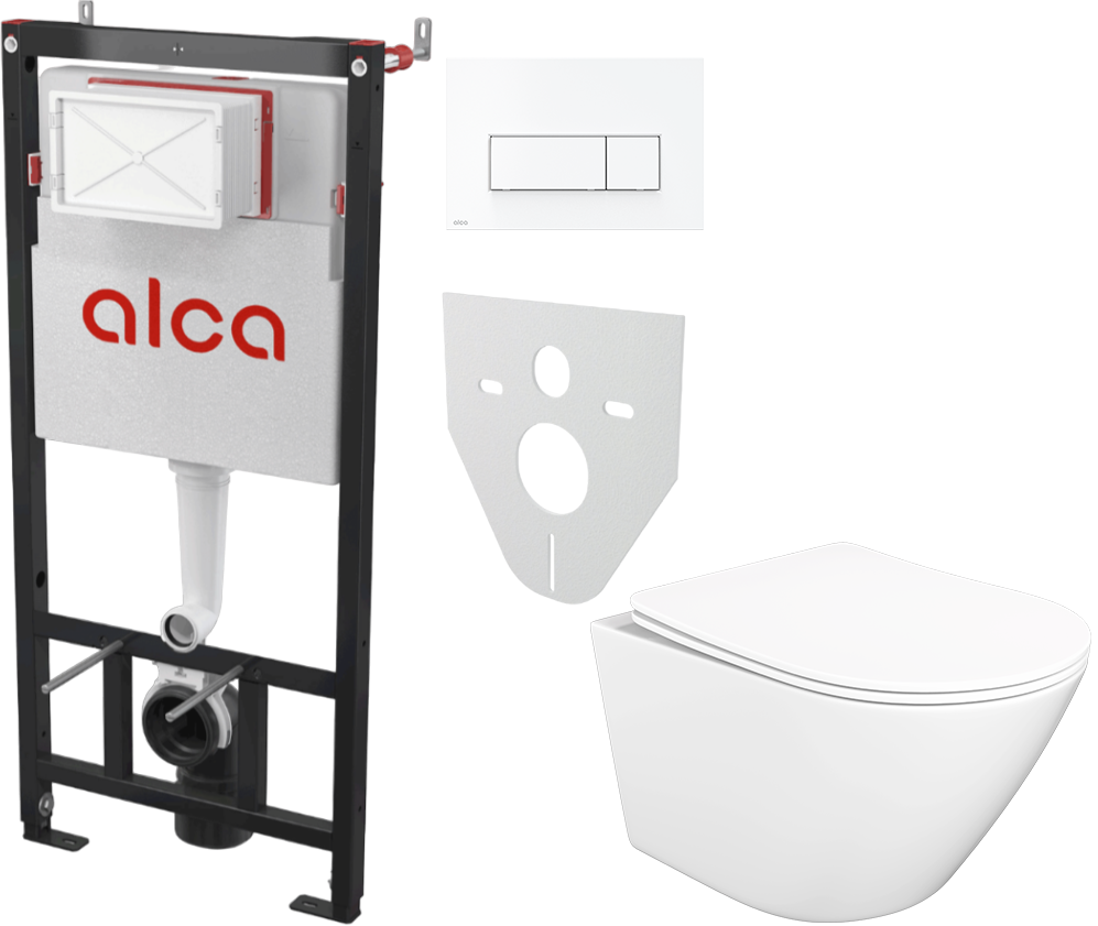 Комплект 4 в 1: Инсталляция AlcaPlast AM101/1120-4:1 M570-VE-01 + Унитаз подвесной STWORKI Левангер S07401WH + Кнопка белая + Комплект шумоизоляции, креплений