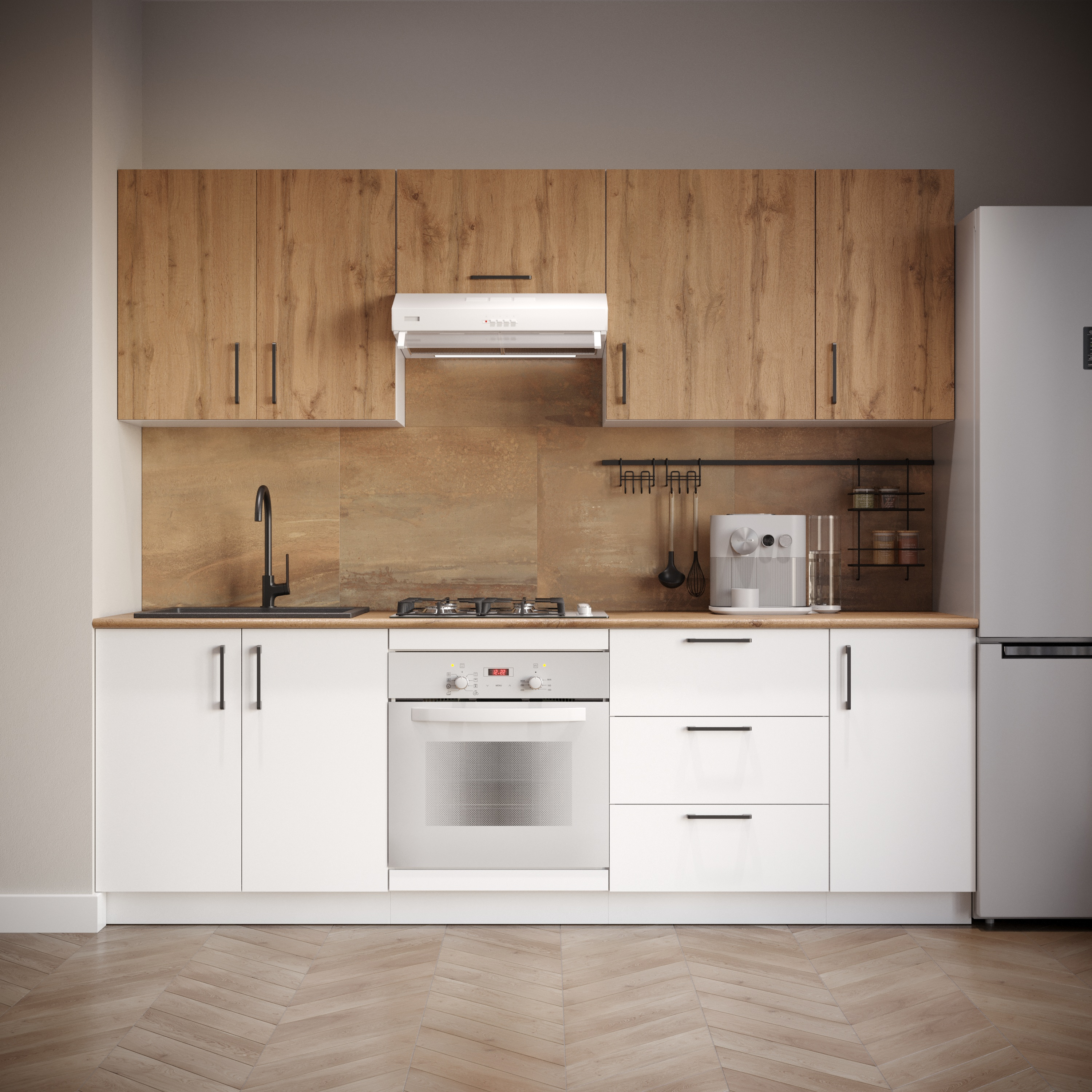 Кухонный гарнитур Domaci Болонья 240 см, фасад белый, дуб вотан, ручка черная, столешница дуб вотан KUH-1000008