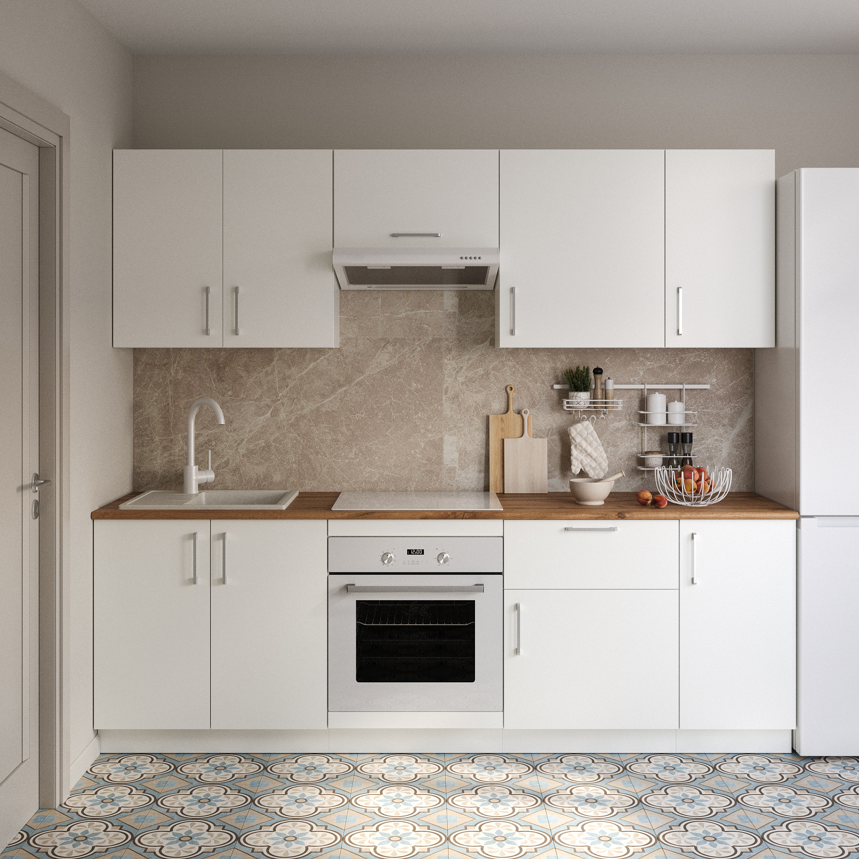 Кухонный гарнитур Domaci Болонья 240 см, фасад белый, ручка хром, столешница дуб вотан KUH-1000011