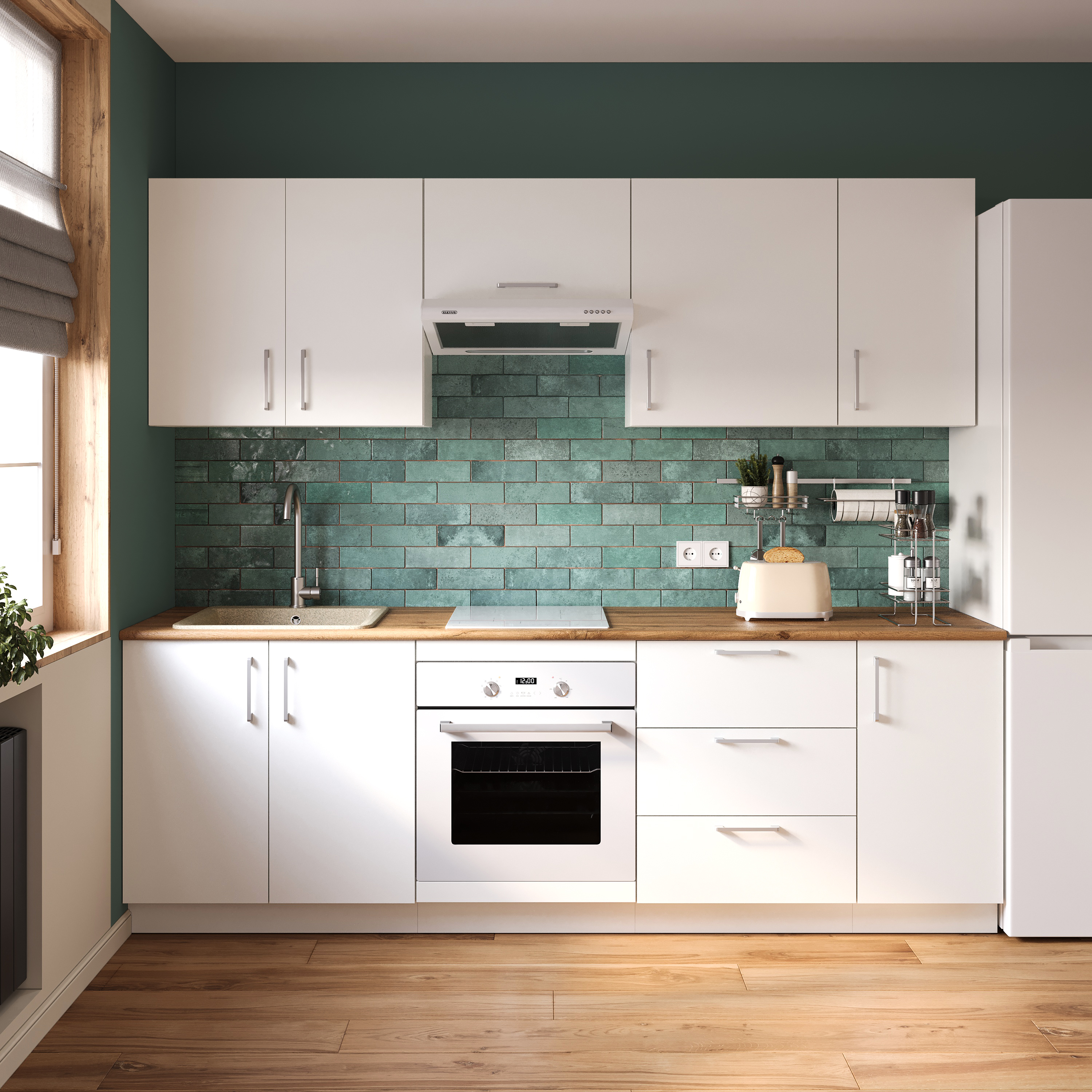 Кухонный гарнитур Domaci Болонья 240 см, фасад белый, ручка хром, столешница дуб вотан KUH-1000003