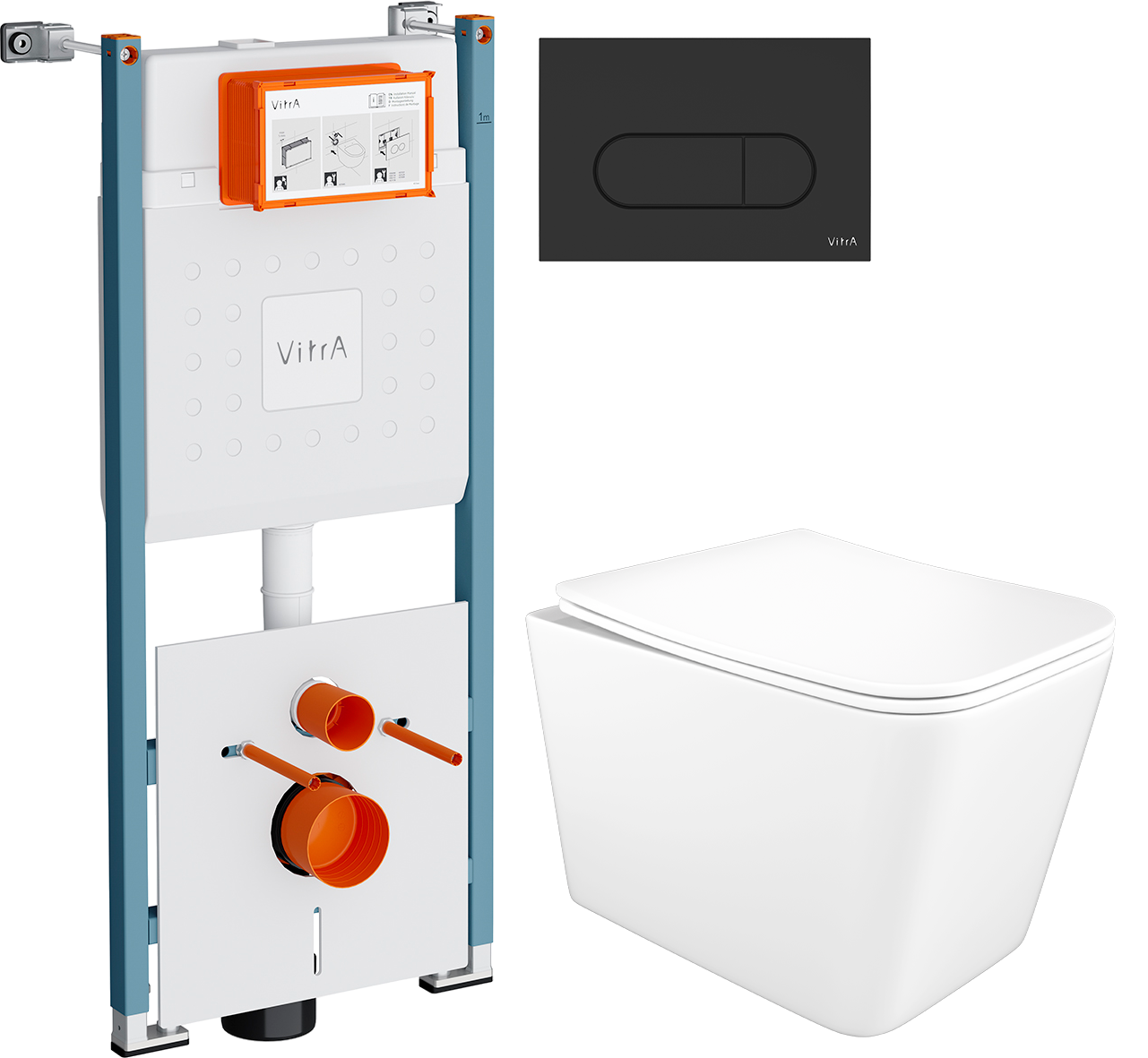 Комплект 3 в 1 Унитаз подвесной STWORKI Молде S23401WH безободковый, с микролифтом, антивсплеск + Инсталляция VitrA V-Fix Core 732-5800-01PV + Кнопка Root Round 740-2211 цвет матовый черный