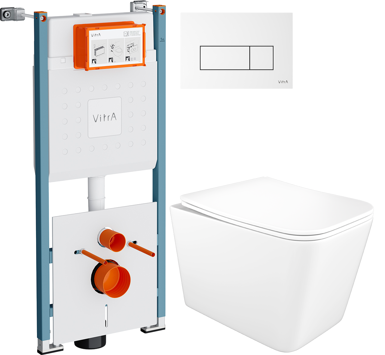 Комплект 3 в 1 Унитаз подвесной STWORKI Молде S23401WH безободковый, с микролифтом, антивсплеск + Инсталляция VitrA V-Fix Core 732-5800-01PV + Кнопка Root Square 740-2300 цвет глянцевый белый