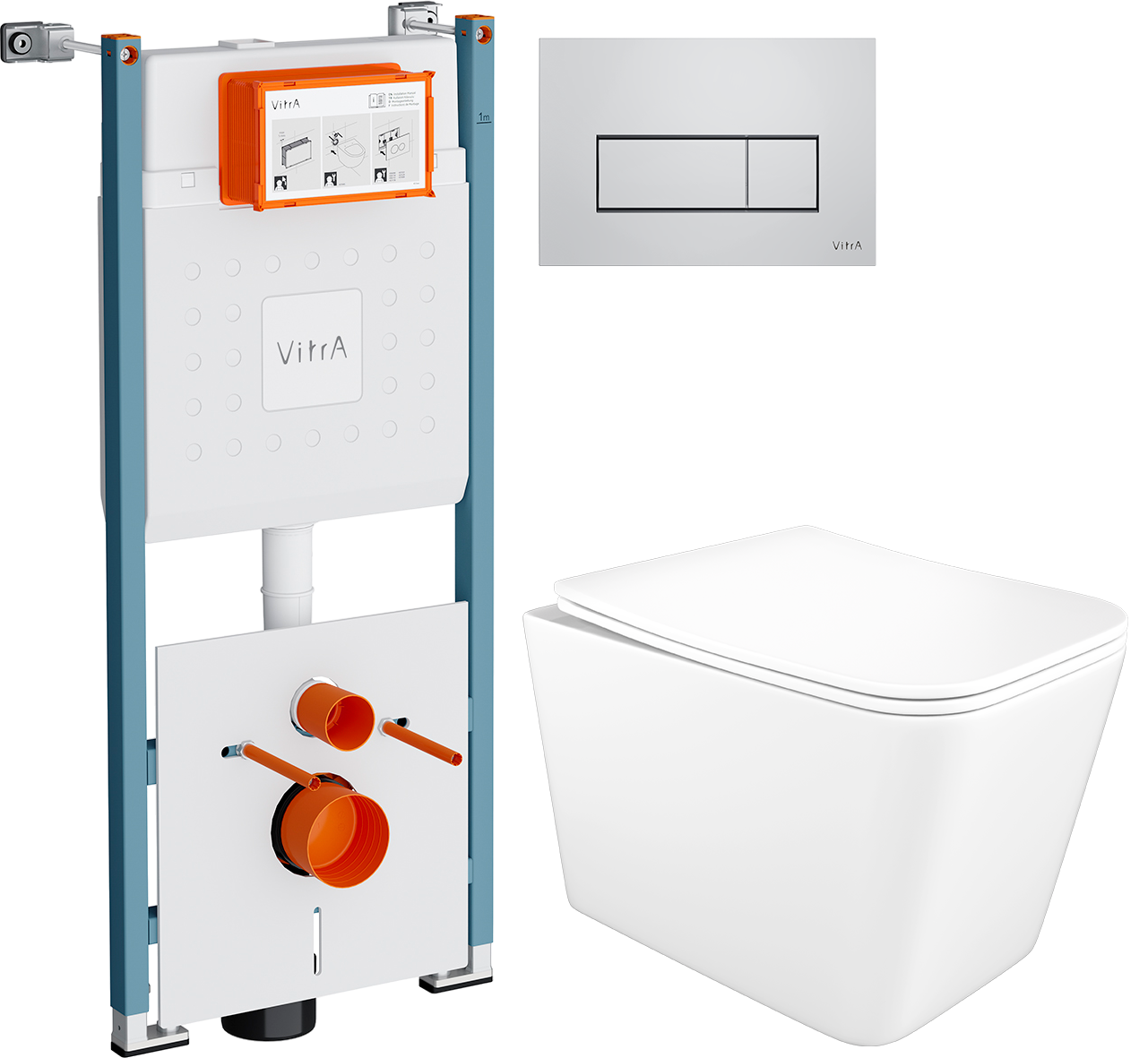 Комплект 3 в 1 Унитаз подвесной STWORKI Молде S23401WH безободковый, с микролифтом, антивсплеск + Инсталляция VitrA V-Fix Core 732-5800-01PV + Кнопка Root Square 740-2380 цвет хром
