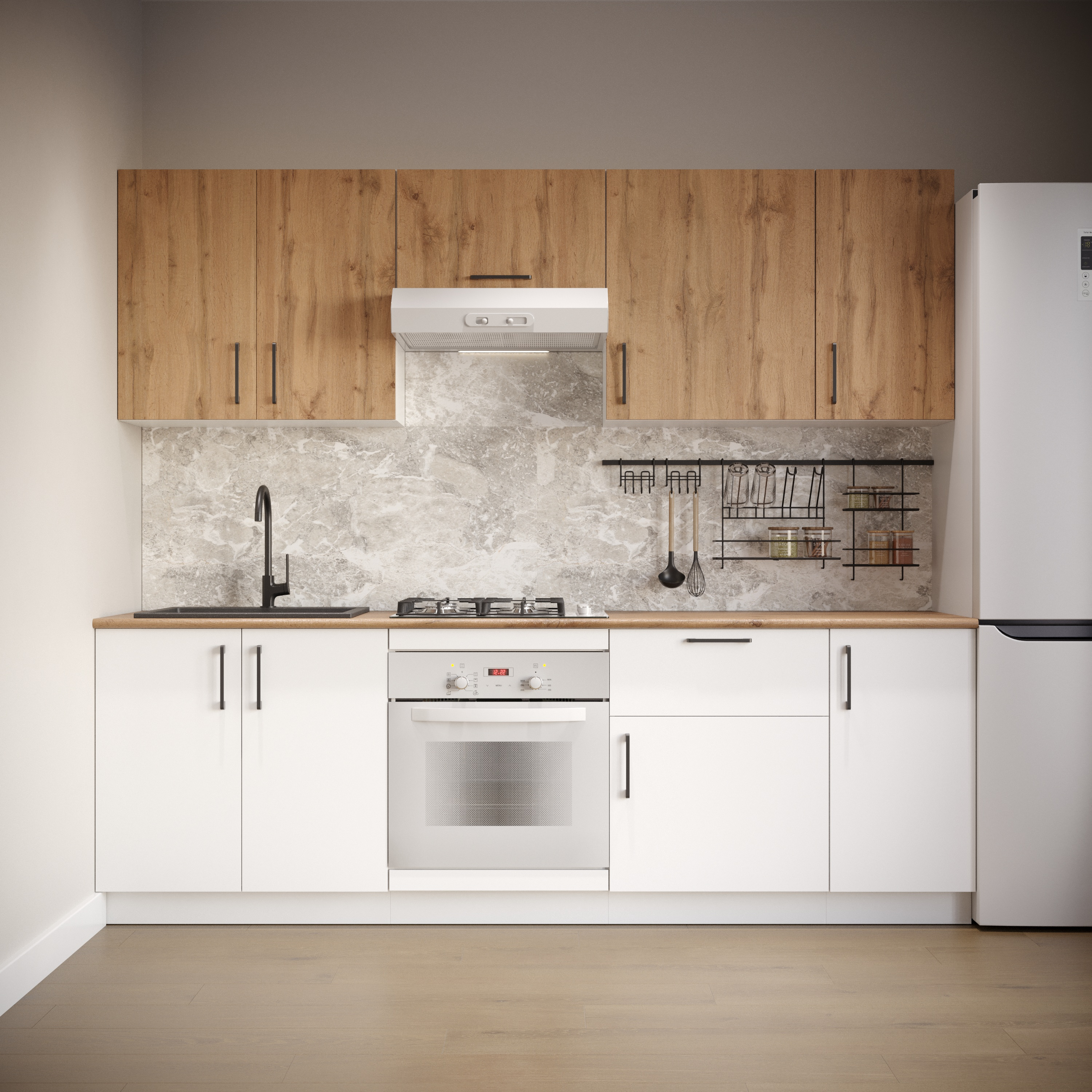 Кухонный гарнитур Domaci Болонья 240 см, фасад белый, дуб вотан, ручка черная, столешница дуб вотан KUH-1000016