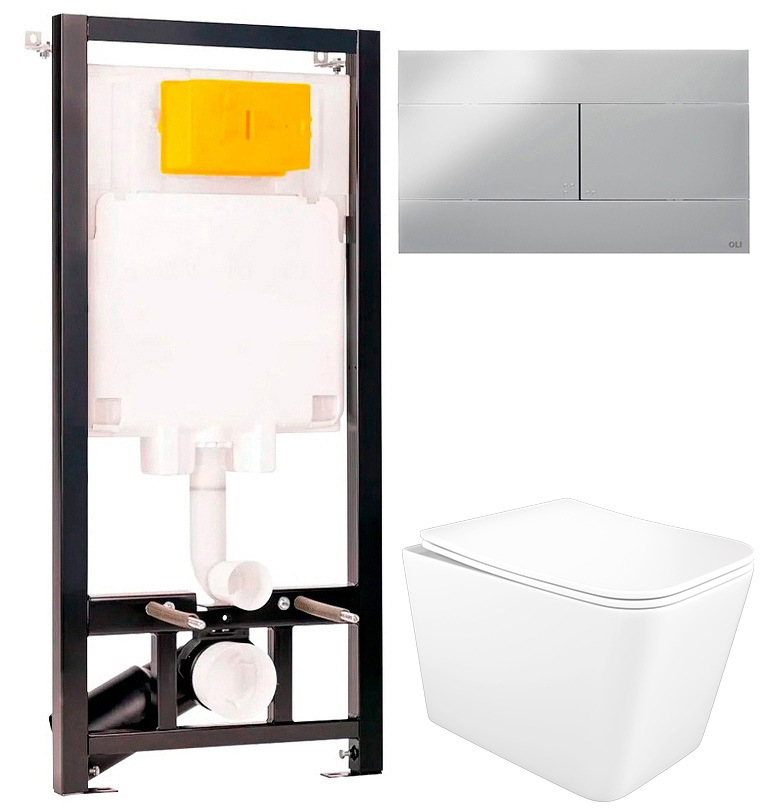 Комплект 5 в 1: Инсталляция OLI 80 ECO Sanitarblock mechanic + Унитаз подвесной STWORKI Молде S23401WH + Сиденье с микролифтом + Кнопка хром + Комплект креплений