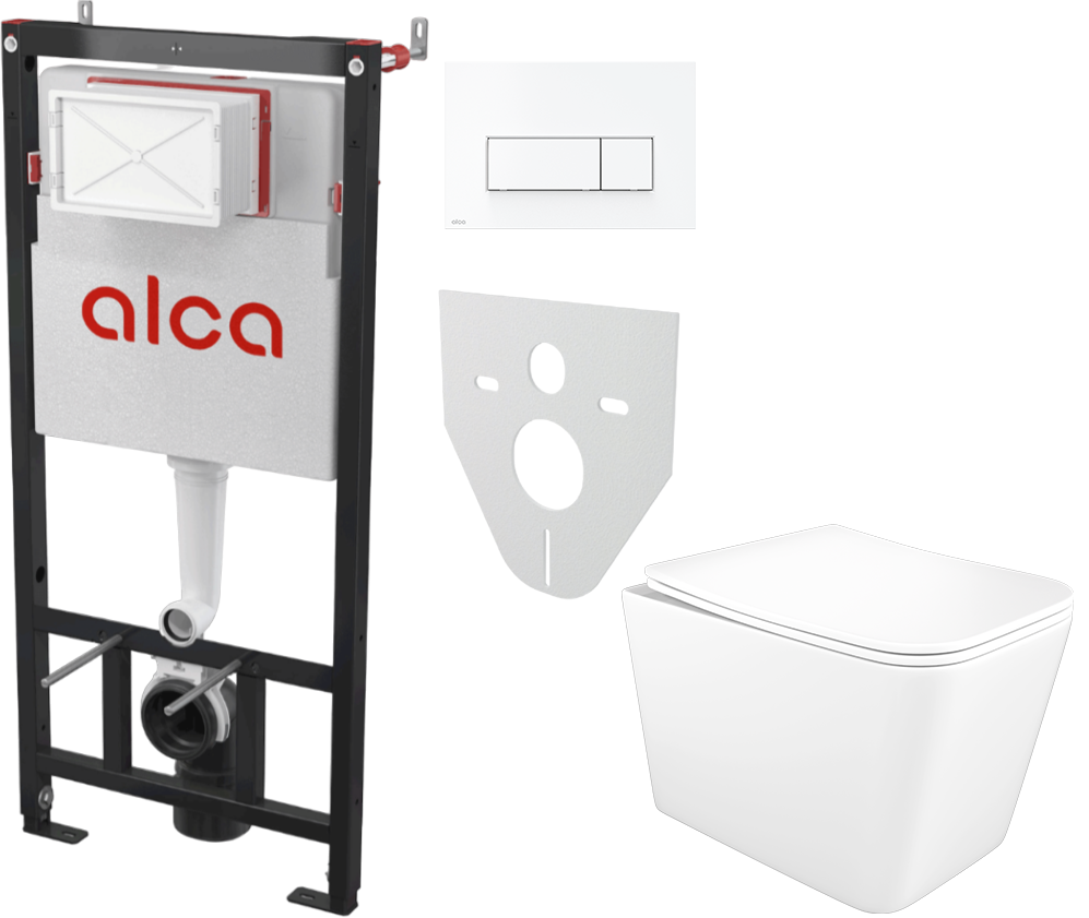Комплект 5 в 1: Инсталляция AlcaPlast AM101/1120-4:1 M570-VE-01 + Унитаз подвесной STWORKI Молде S23401WH + Сиденье с микролифтом + Кнопка белая + Комплект шумоизоляции, креплений