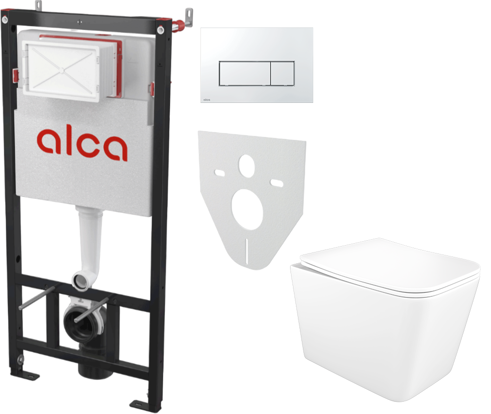 Комплект 5 в 1: Инсталляция AlcaPlast AM101/1120-4:1 RU M571-0001 + Унитаз подвесной STWORKI Молде S23401WH + Сиденье с микролифтом + Кнопка хром глянец + Комплект шумоизоляции, креплений