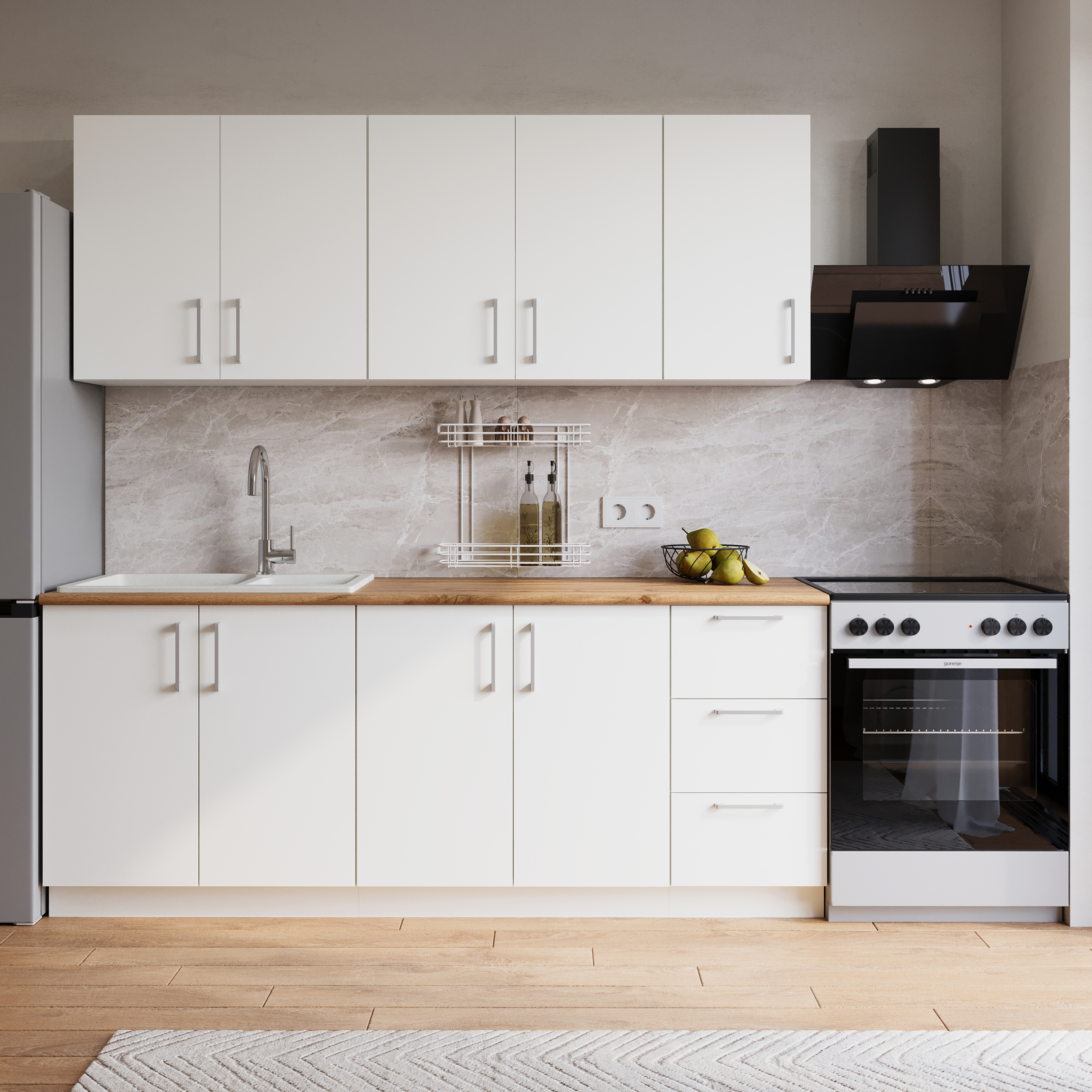 Кухонный гарнитур Domaci Болонья 260 см, фасад белый, ручка хром, столешница дуб вотан KUH-1008359