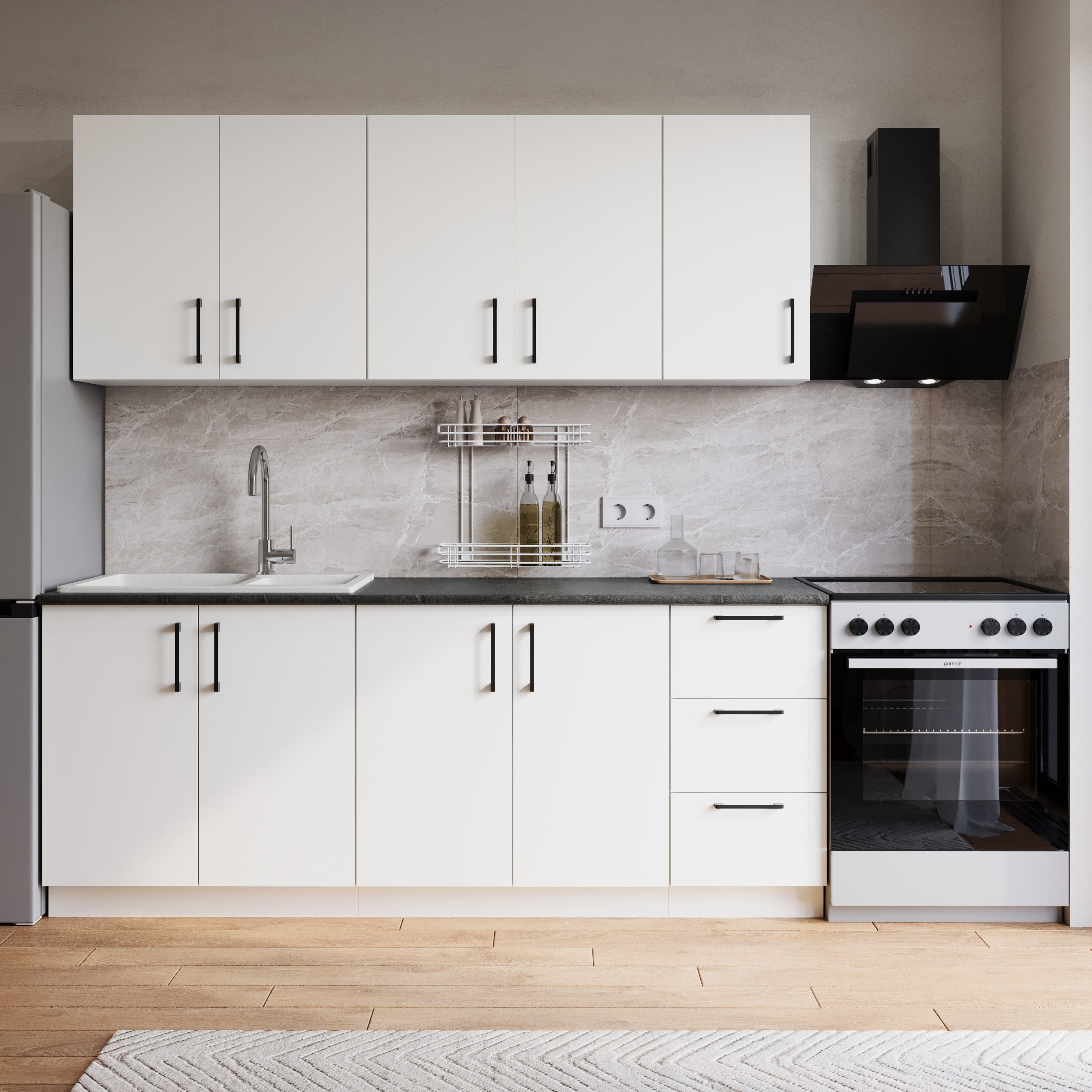 Кухонный гарнитур Domaci Болонья 260 см, фасад белый, ручка черная, столешница луна KUH-1008389