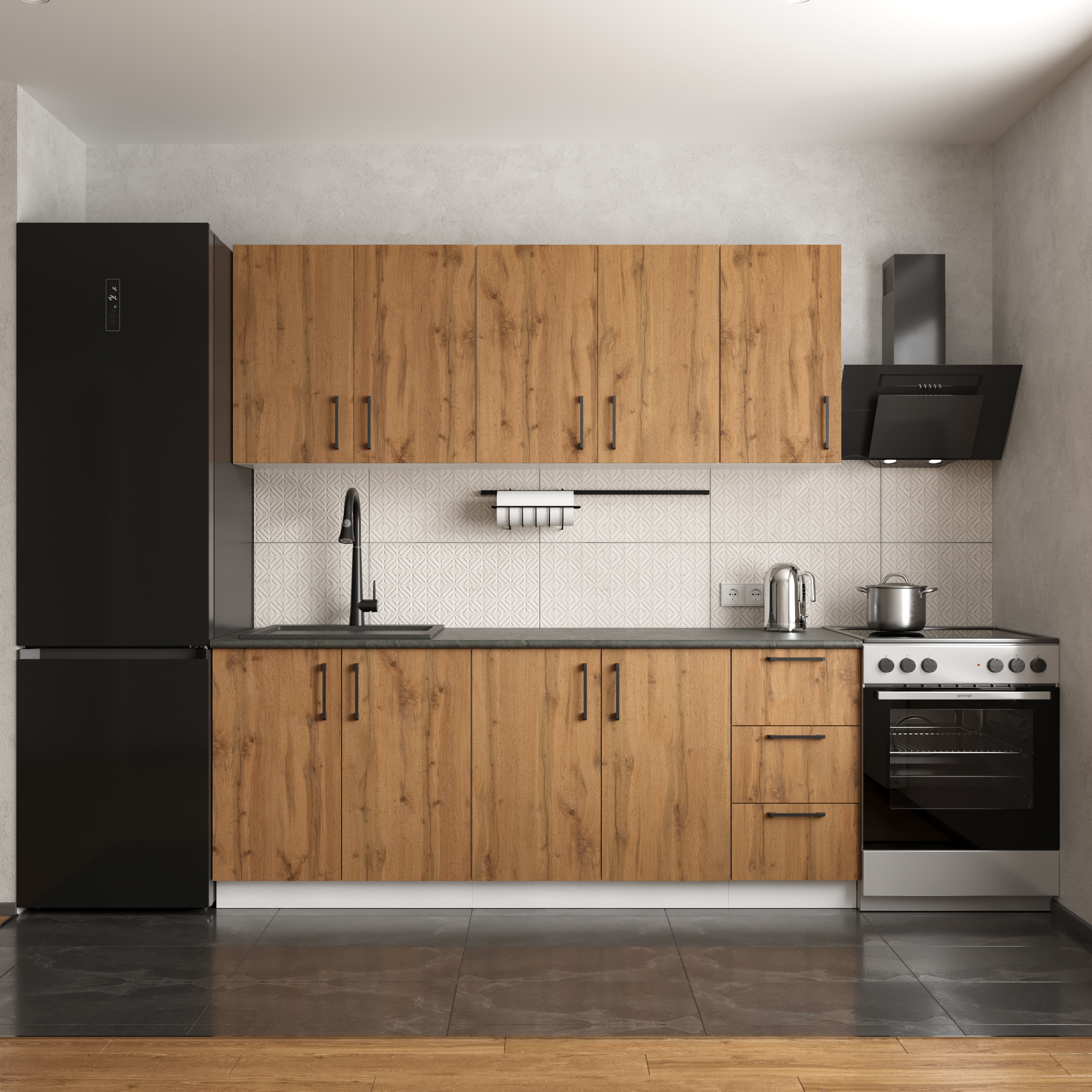 Кухонный гарнитур Domaci Болонья 260 см, фасад дуб вотан, ручка черная, столешница луна KUH-1008393