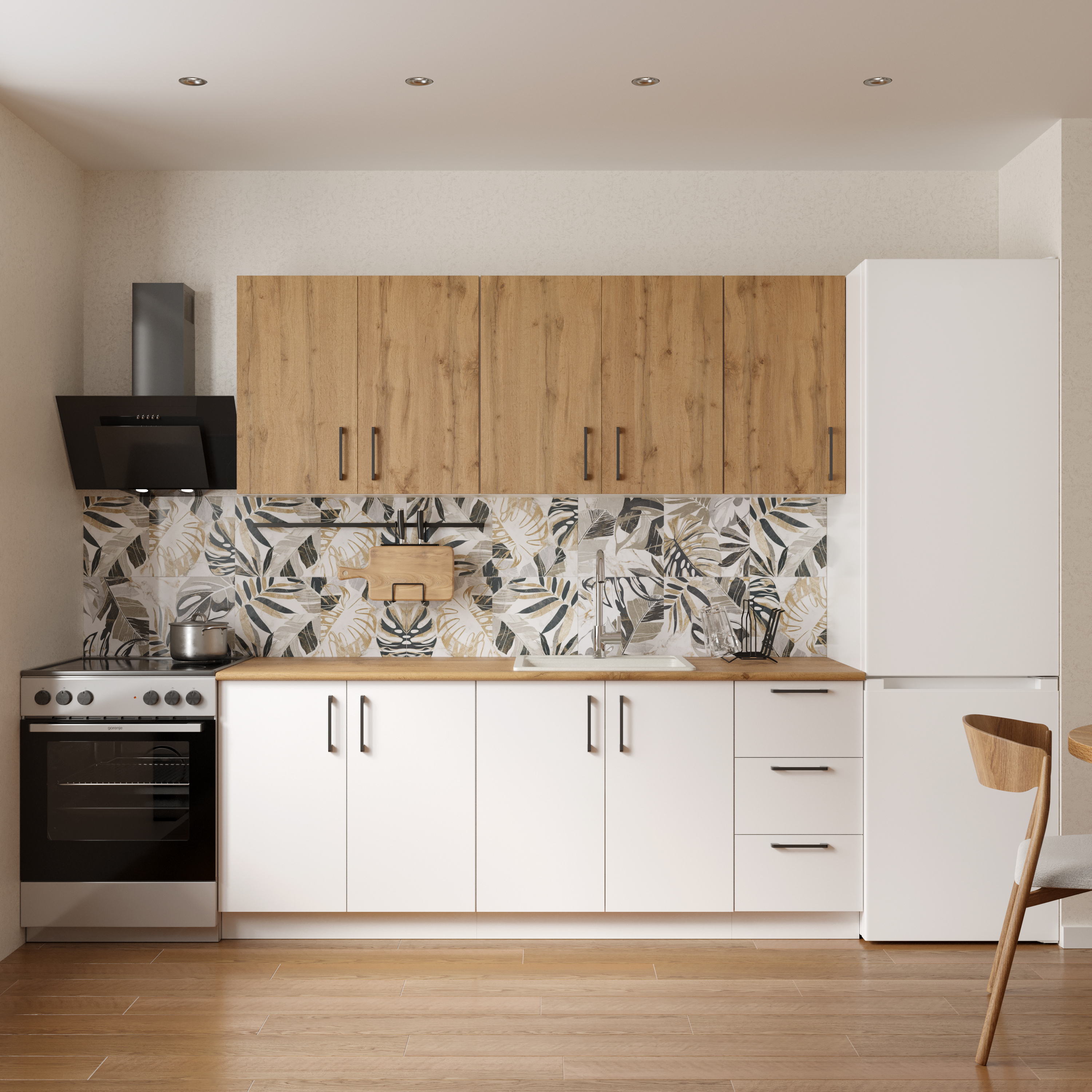 Кухонный гарнитур Domaci Болонья 260 см, фасад белый, дуб вотан, ручка черная, столешница дуб вотан KUH-1008395