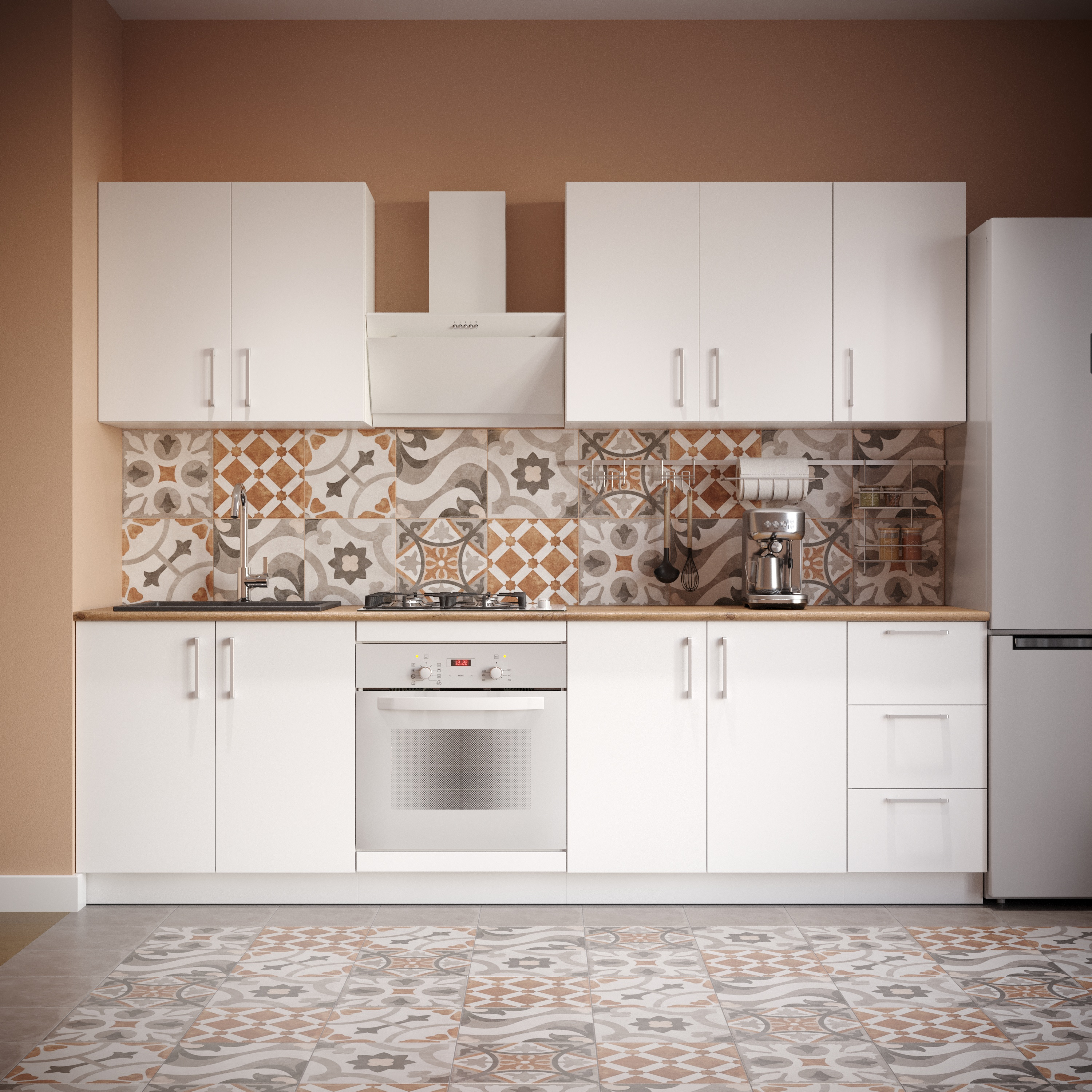 Кухонный гарнитур Domaci Болонья 260 см, фасад белый, ручка хром, столешница дуб вотан KUH-1008791