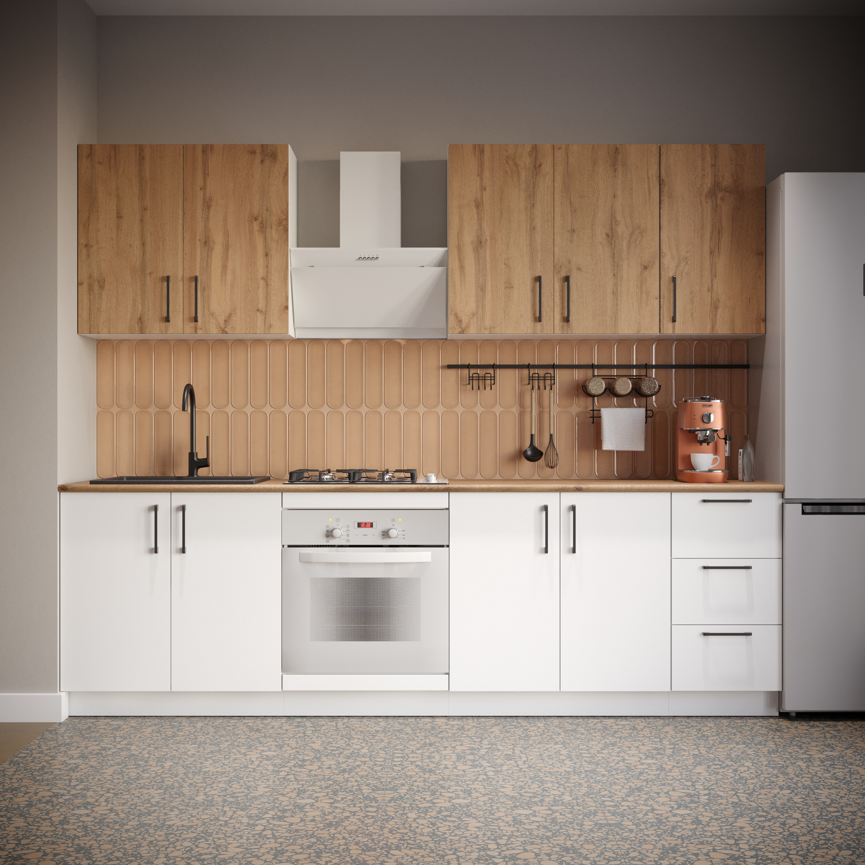 Кухонный гарнитур Domaci Болонья 260 см, фасад белый, дуб вотан, ручка черная, столешница дуб вотан KUH-1008796