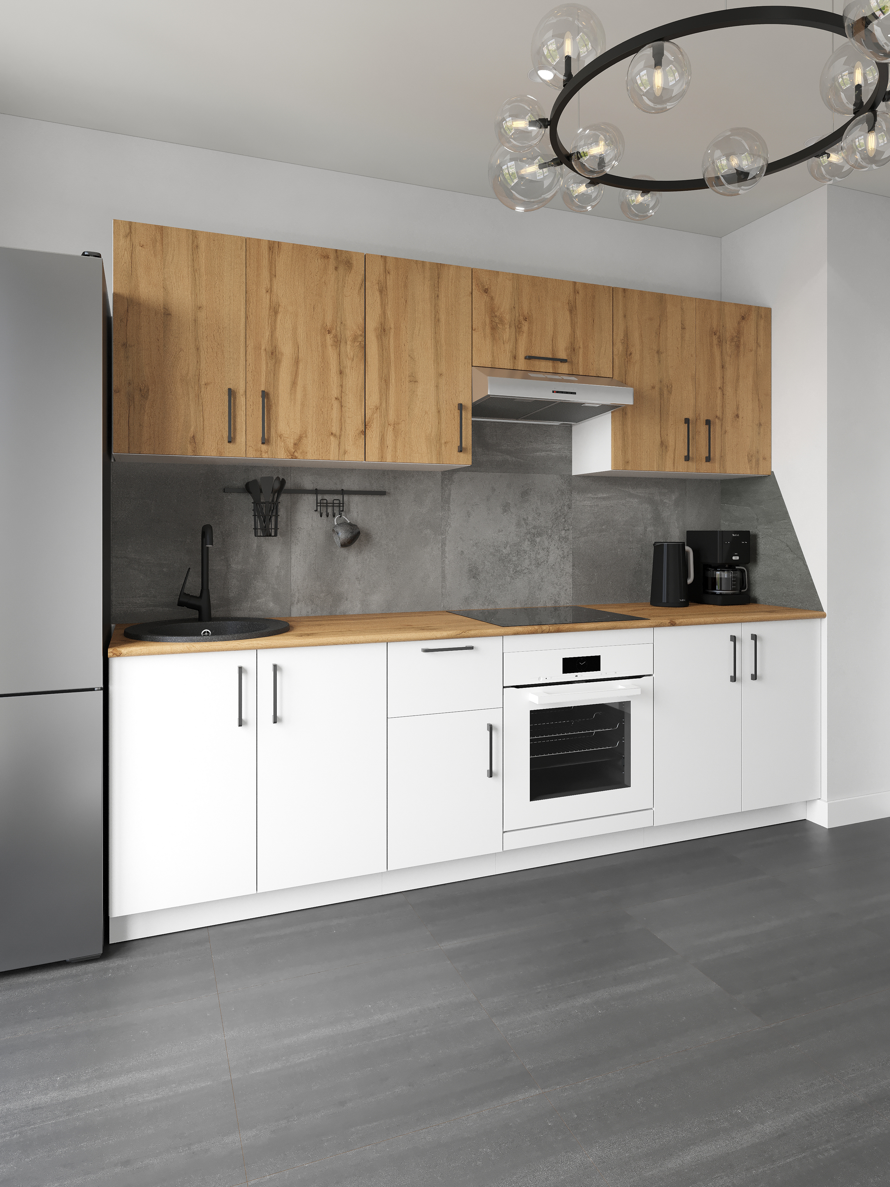 Кухонный гарнитур Domaci Болонья 260 см, фасад белый, дуб вотан, ручка черная, столешница дуб вотан KUH-1008804