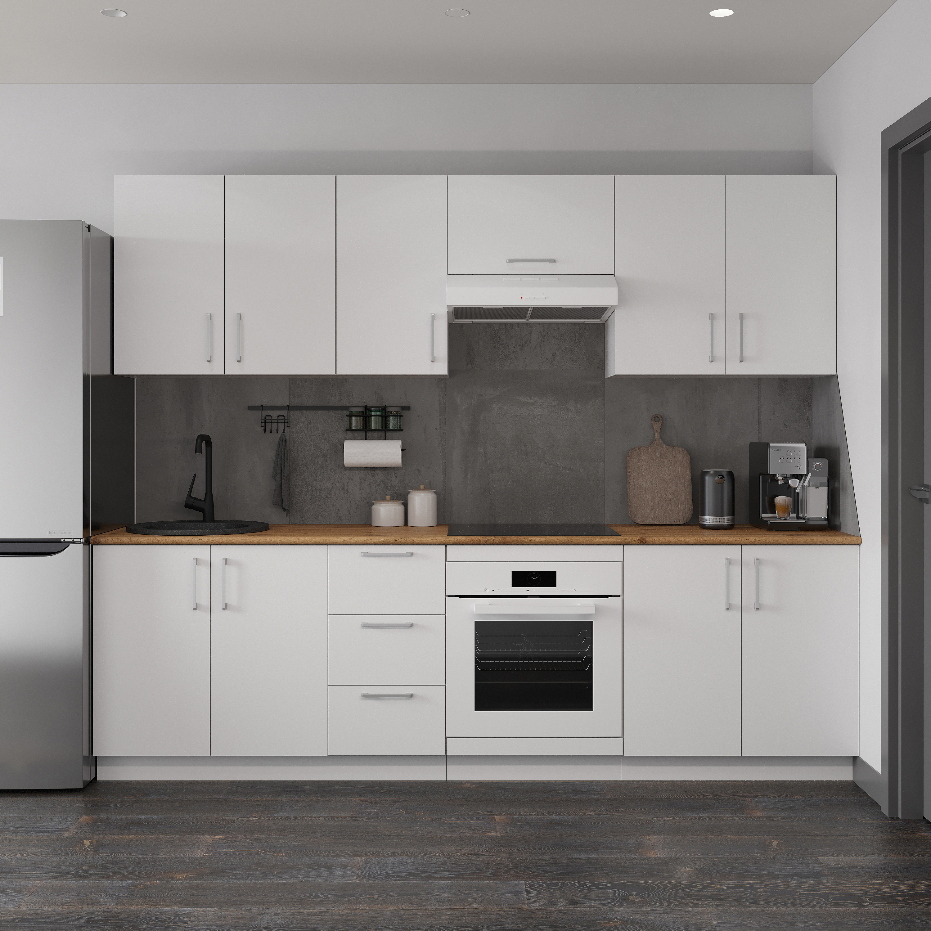 Кухонный гарнитур Domaci Болонья 260 см, фасад белый, ручка хром, столешница дуб вотан KUH-1008807