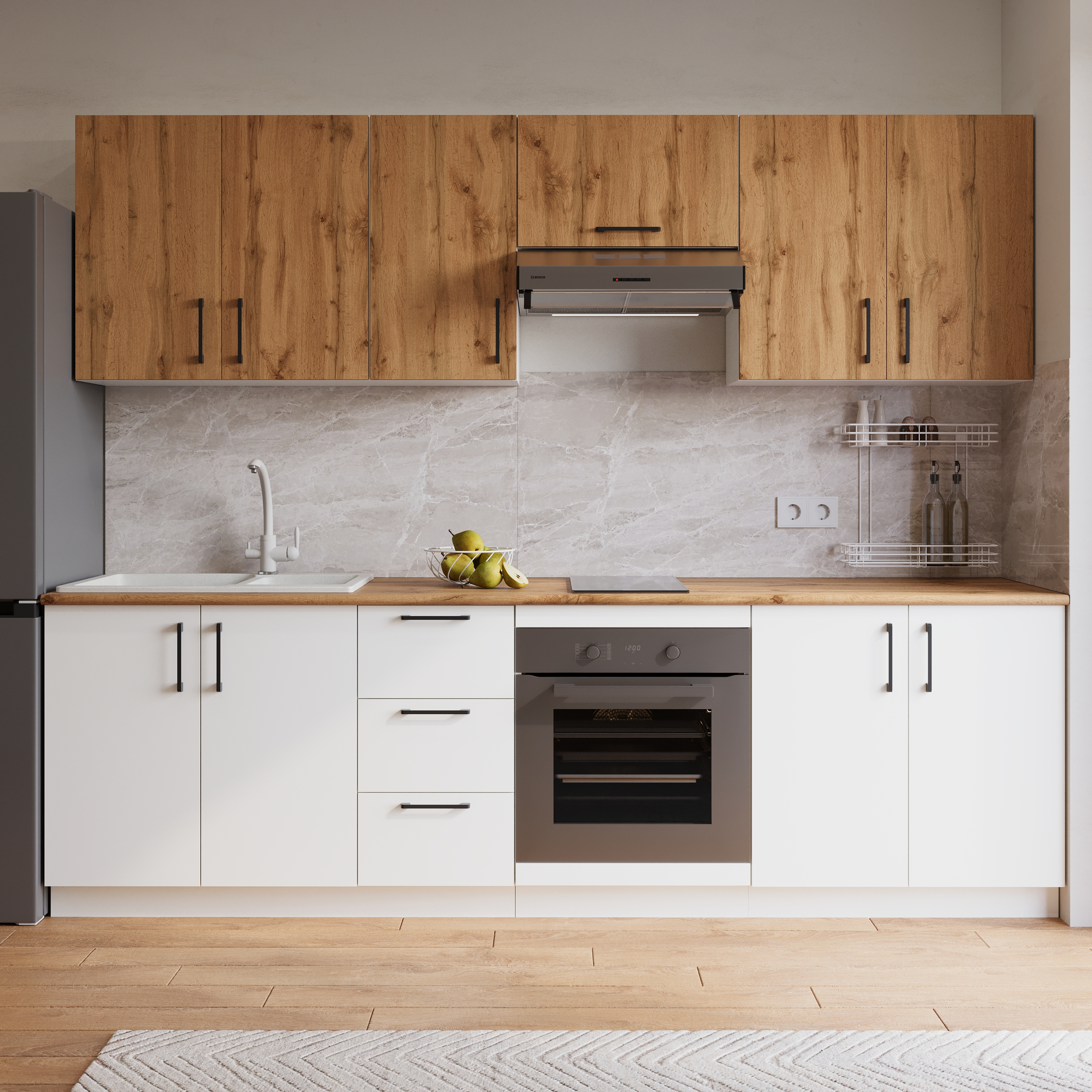 Кухонный гарнитур Domaci Болонья 260 см, фасад белый, дуб вотан, ручка черная, столешница дуб вотан KUH-1008812