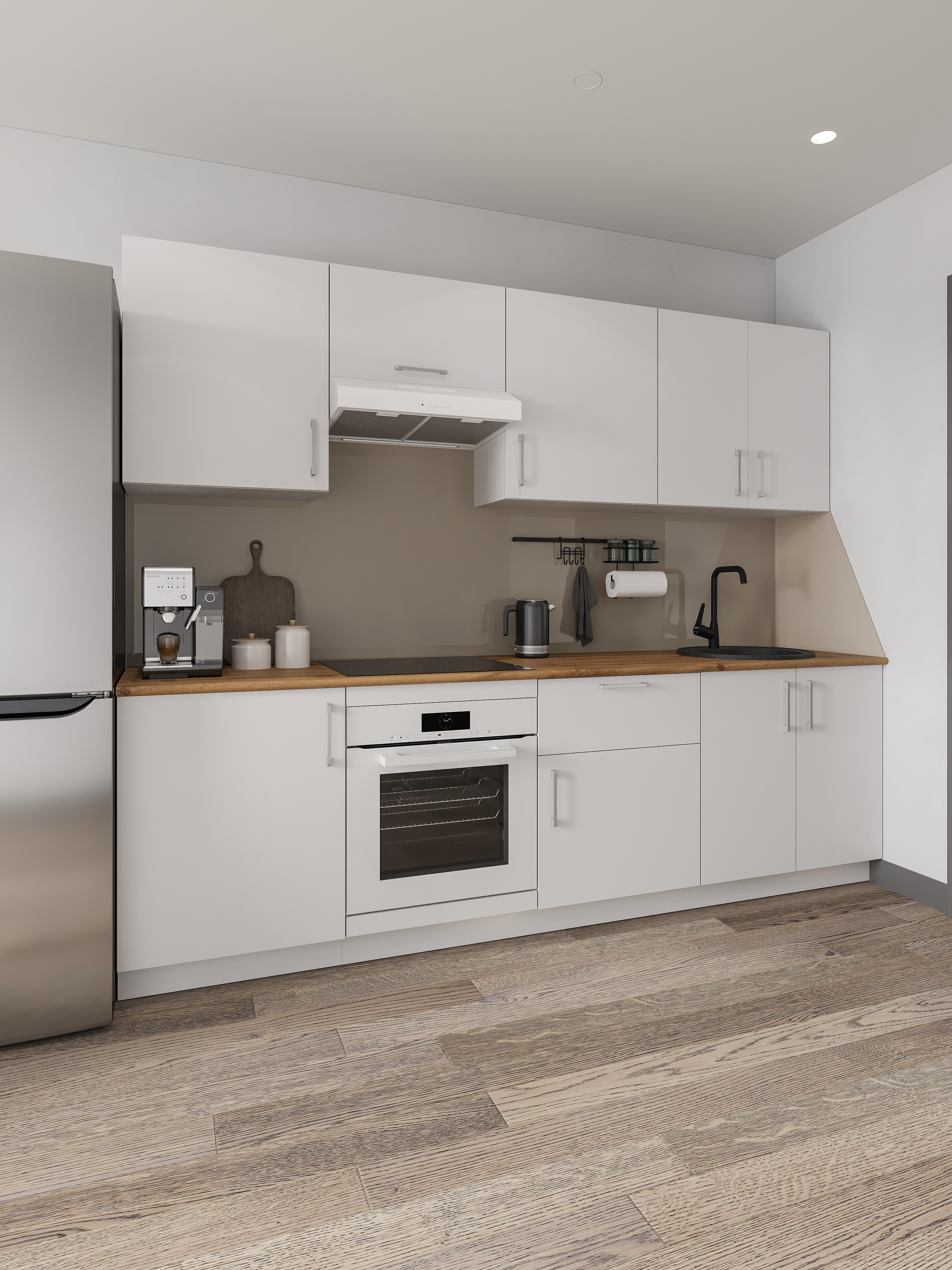 Кухонный гарнитур Domaci Болонья 260 см, фасад белый, ручка хром, столешница дуб вотан KUH-1008815