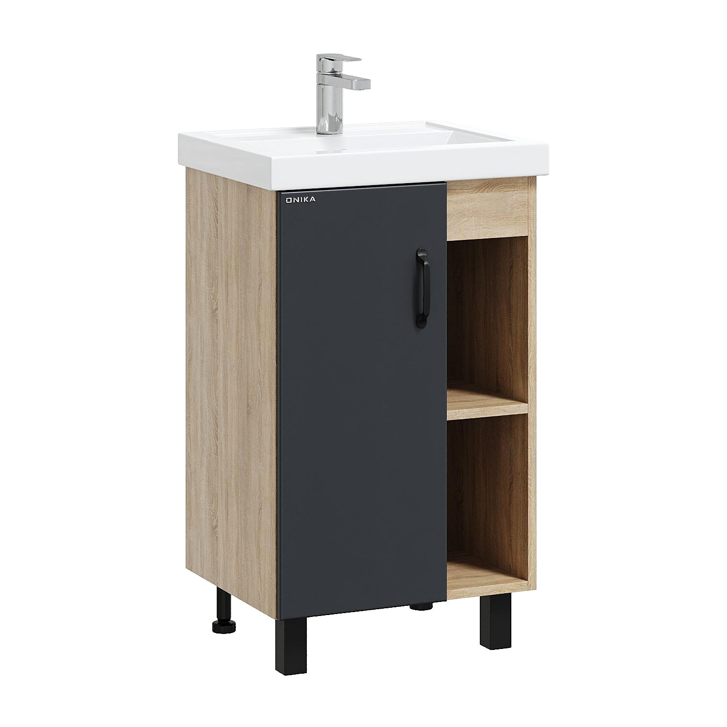 Тумба с раковиной Onika Тимбер 50 напольная, серая матовая, дуб сонома