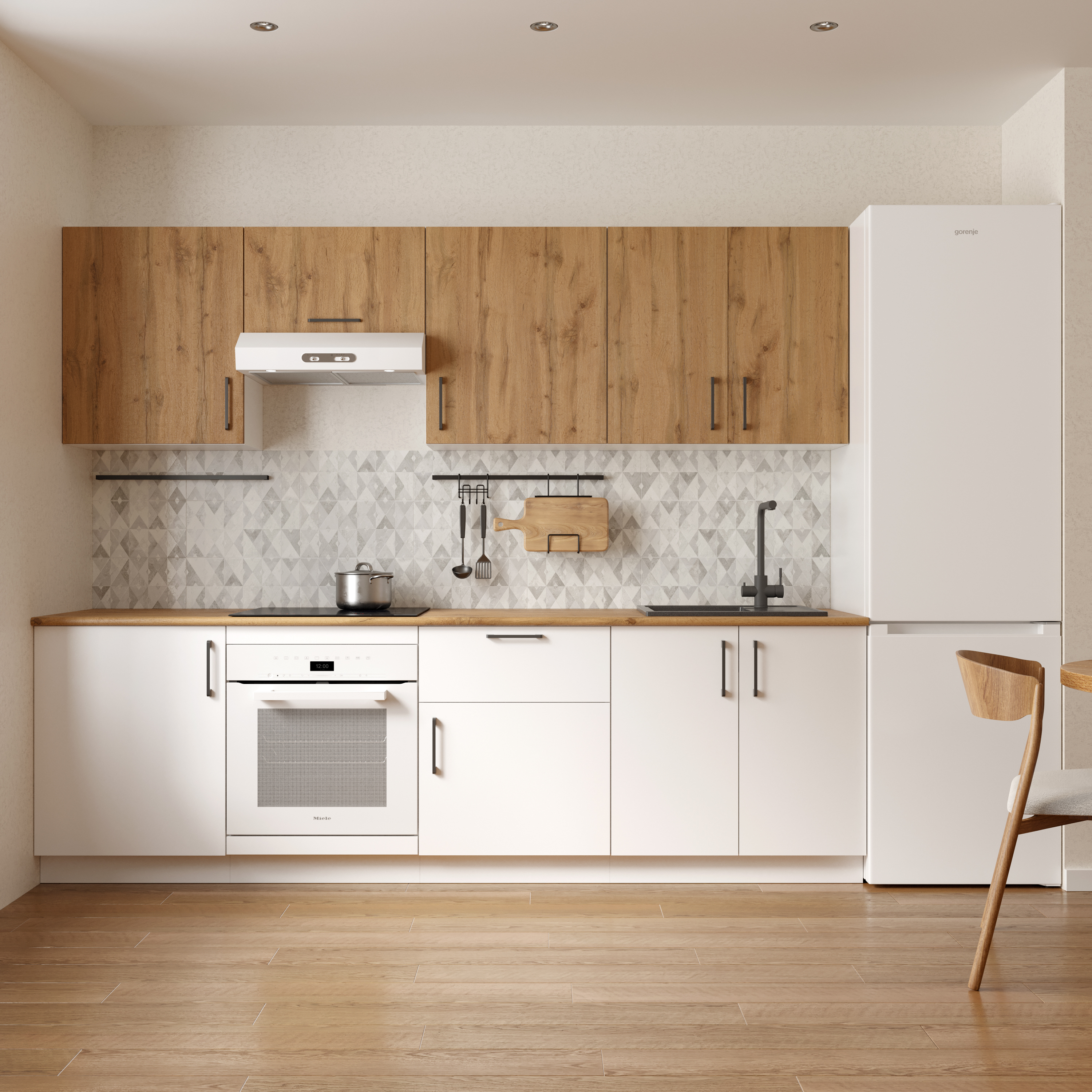 Кухонный гарнитур Domaci Болонья 260 см, фасад белый, дуб вотан, ручка черная, столешница дуб вотан KUH-1008820