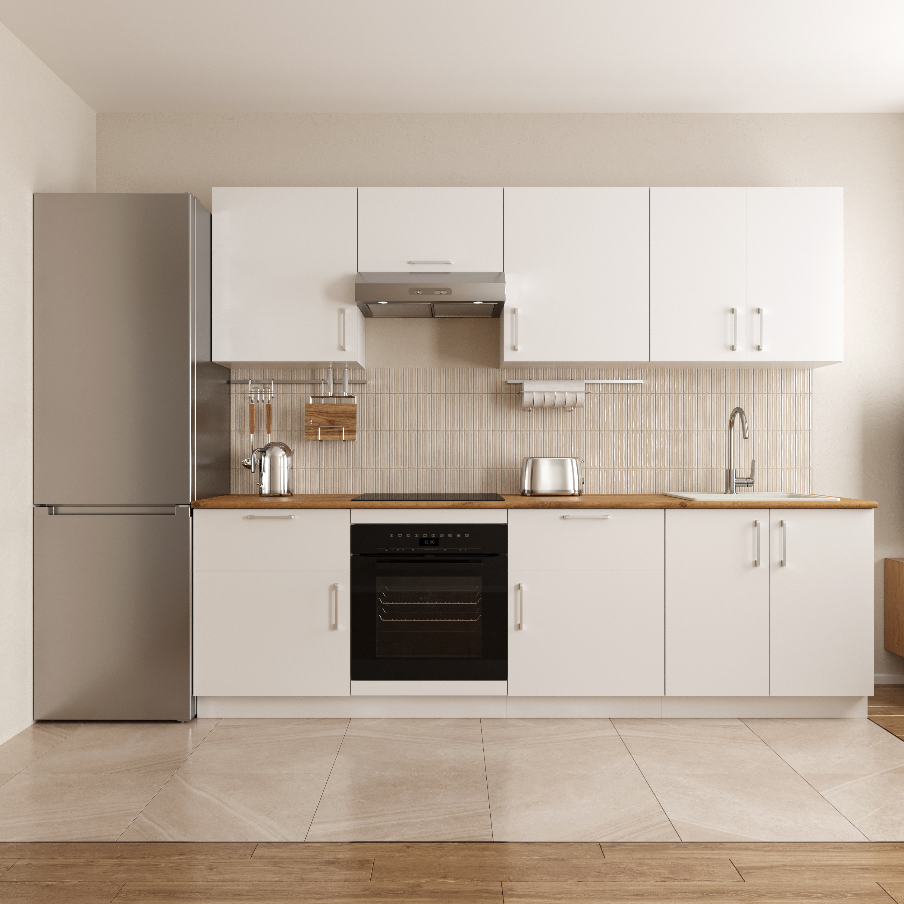 Кухонный гарнитур Domaci Болонья 260 см, фасад белый, ручка хром, столешница дуб вотан KUH-1008823