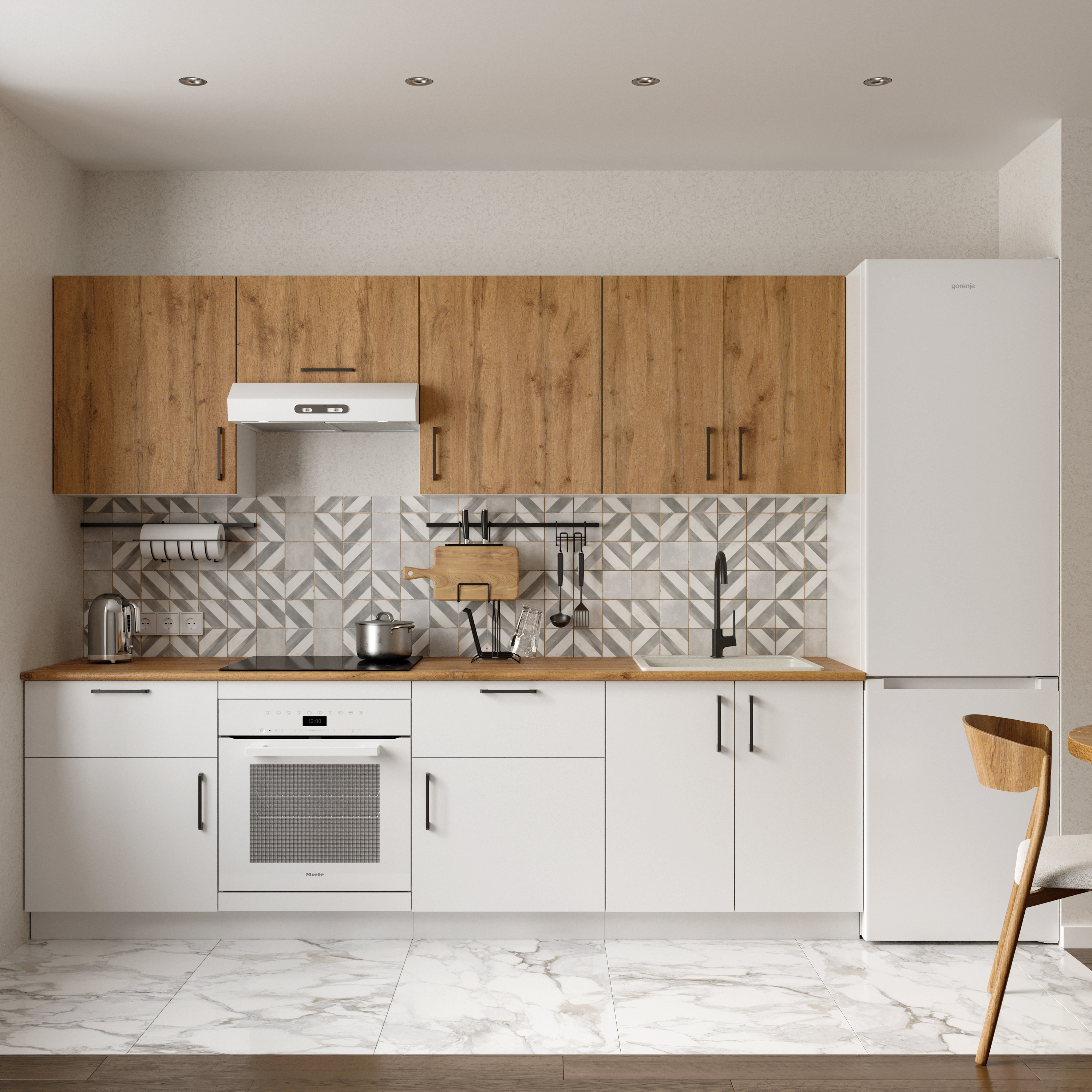 Кухонный гарнитур Domaci Болонья 260 см, фасад белый, дуб вотан, ручка черная, столешница дуб вотан KUH-1008828