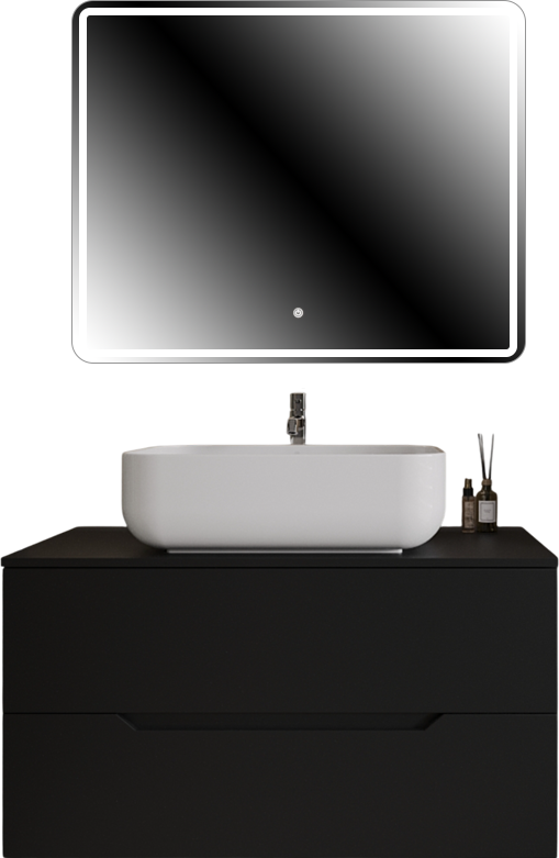 Мебель для ванной комнаты Orange Line 100 подвесная, 2 ящика, матовая черная с раковиной B03-600W