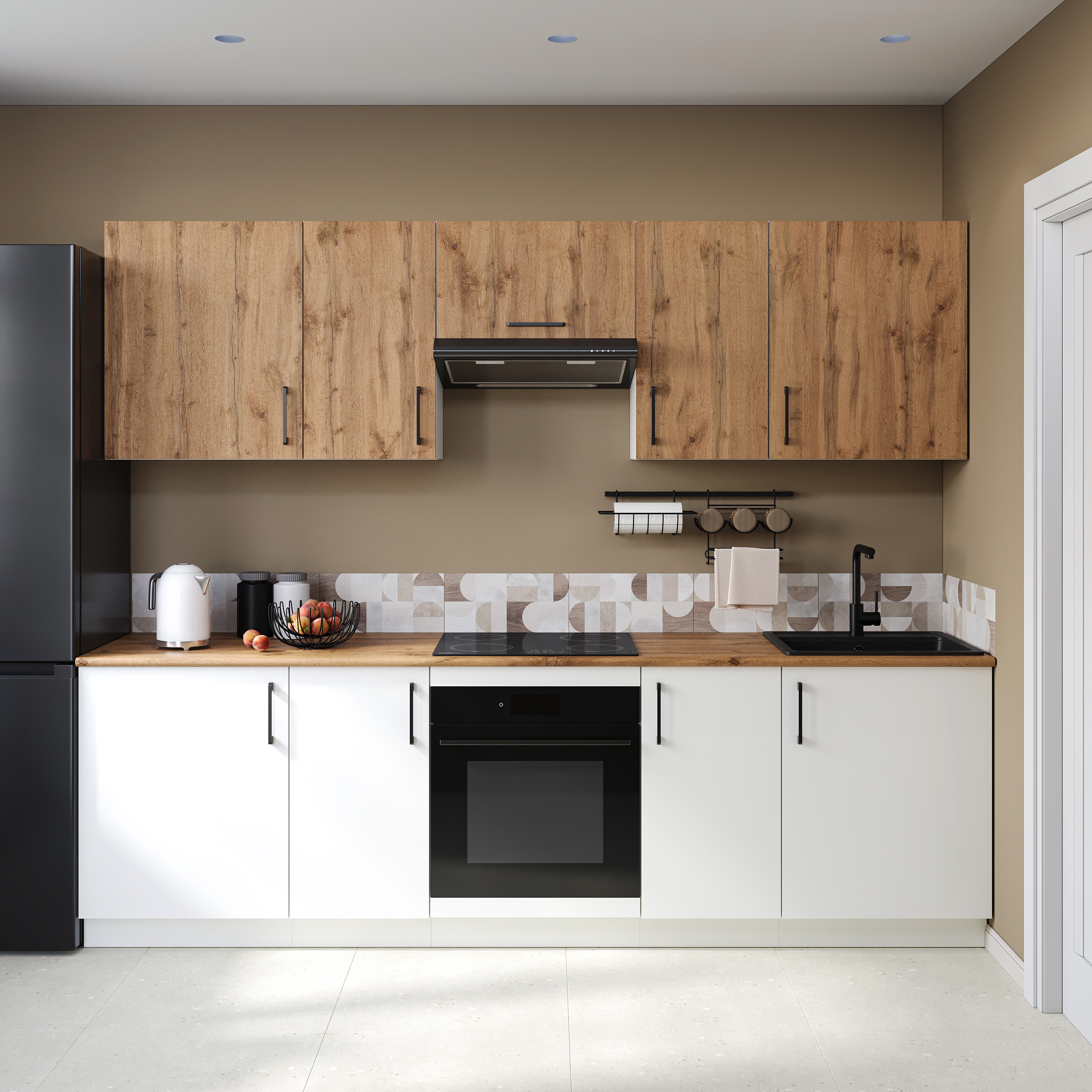 Кухонный гарнитур Domaci Болонья 260 см, фасад белый, дуб вотан, ручка черная, столешница дуб вотан KUH-1008836