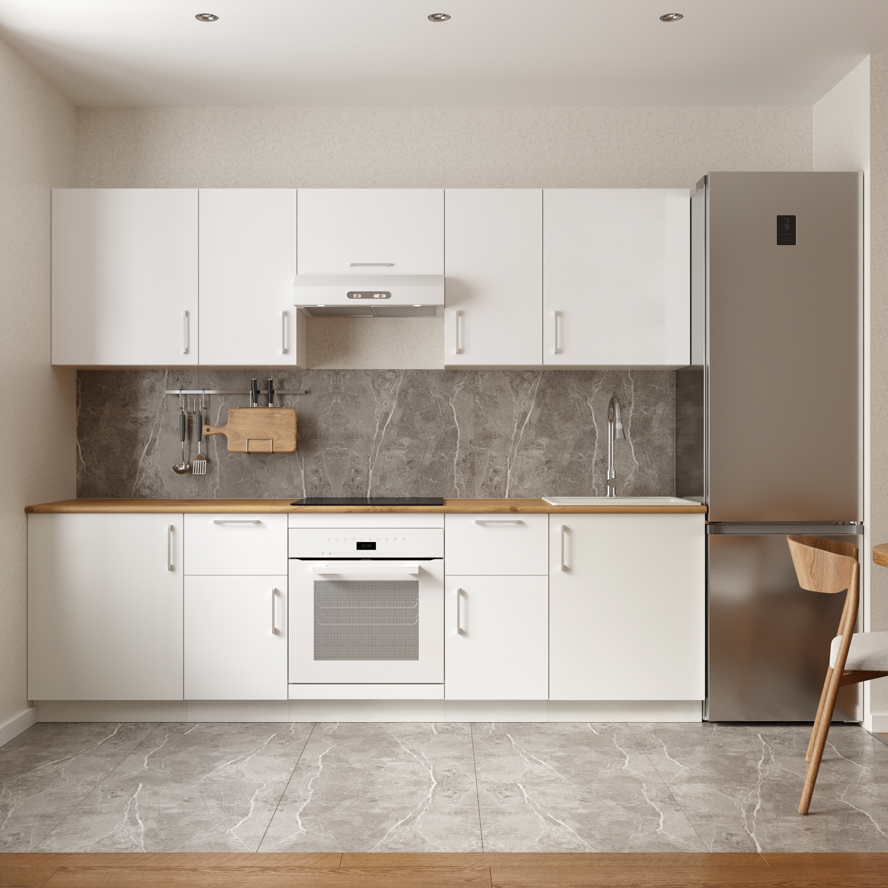 Кухонный гарнитур Domaci Болонья 260 см, фасад белый, ручка хром, столешница дуб вотан KUH-1008839