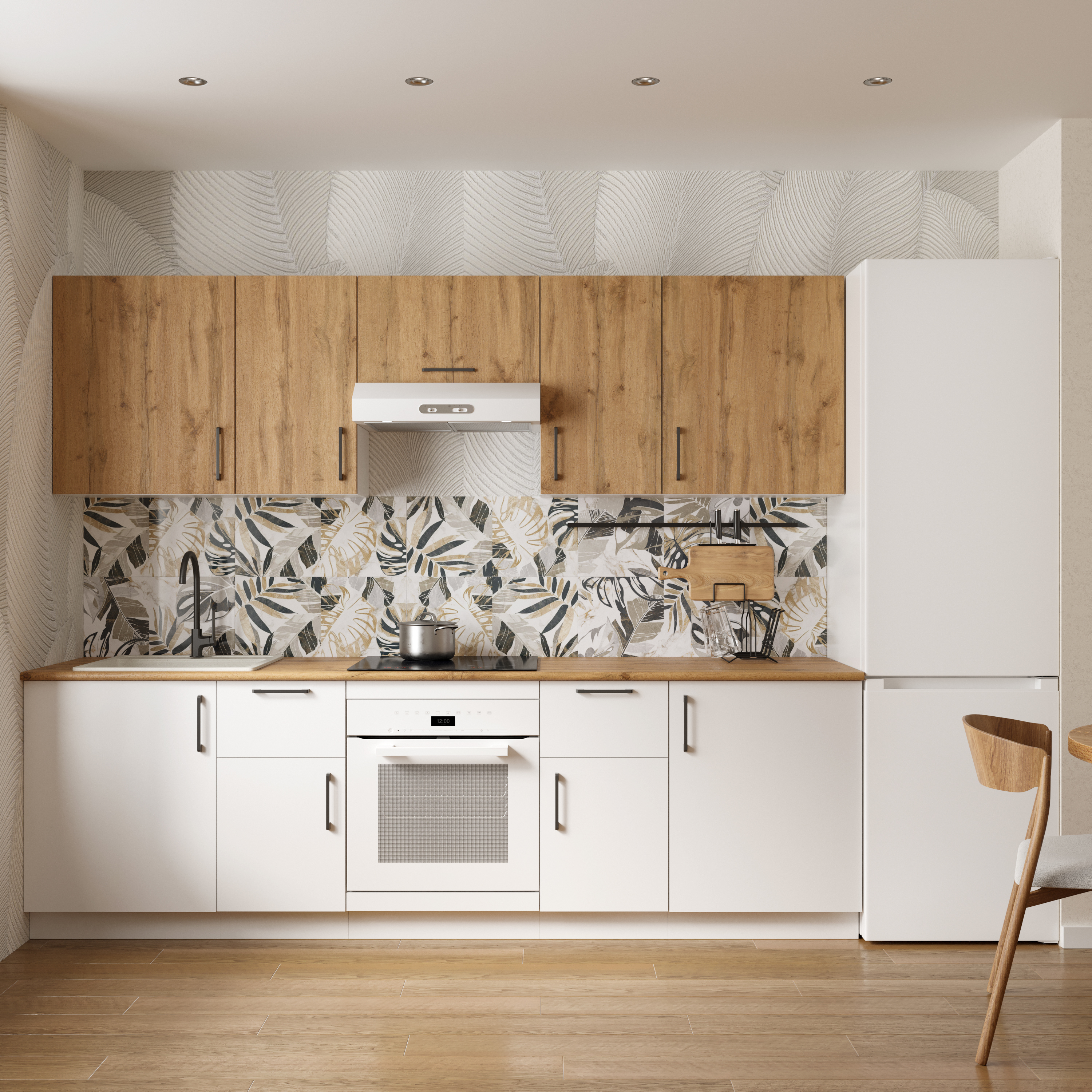 Кухонный гарнитур Domaci Болонья 260 см, фасад белый, дуб вотан, ручка черная, столешница дуб вотан KUH-1008844