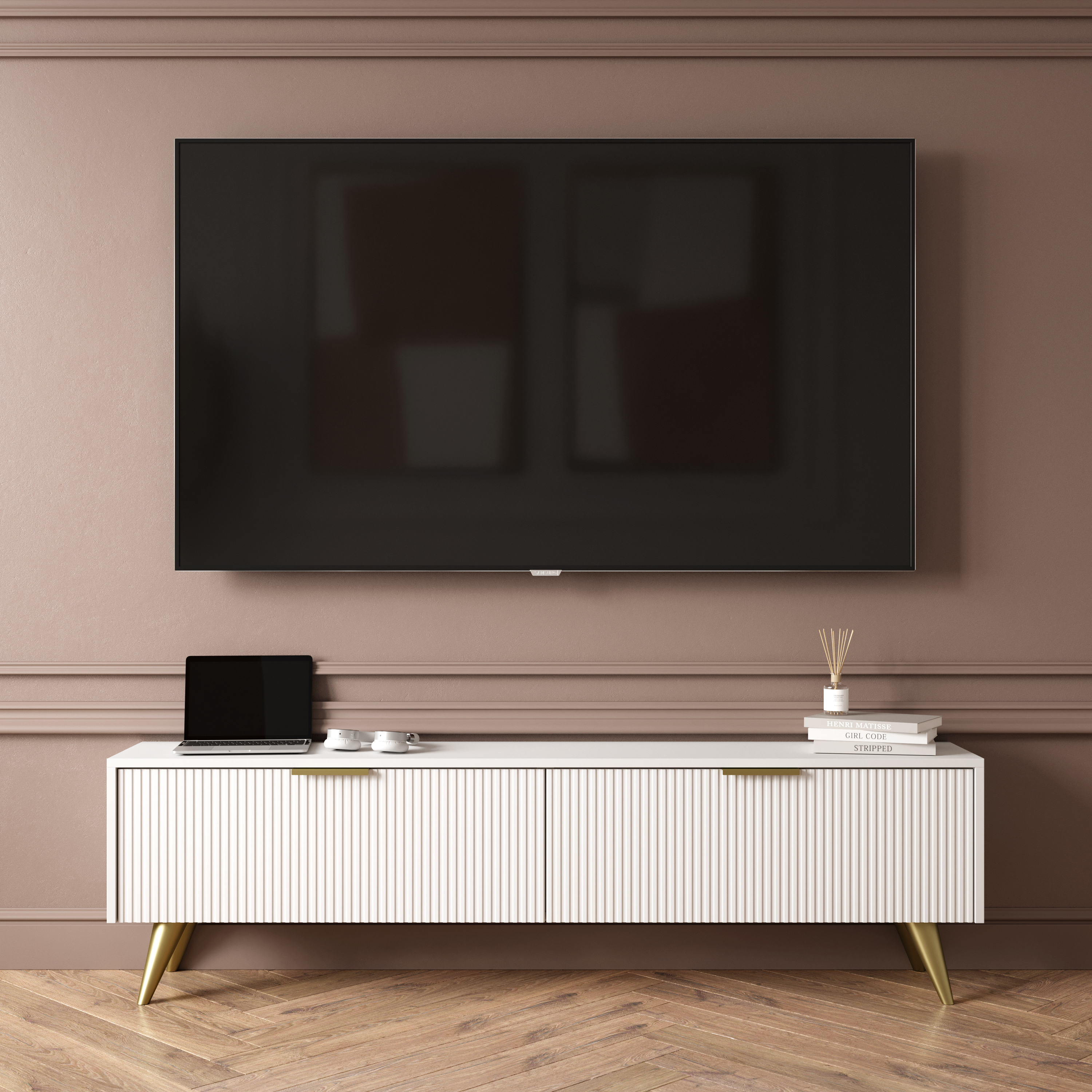 Тумба под телевизор DIWO Краснодар напольная 160x45x27 белая, ручка золото