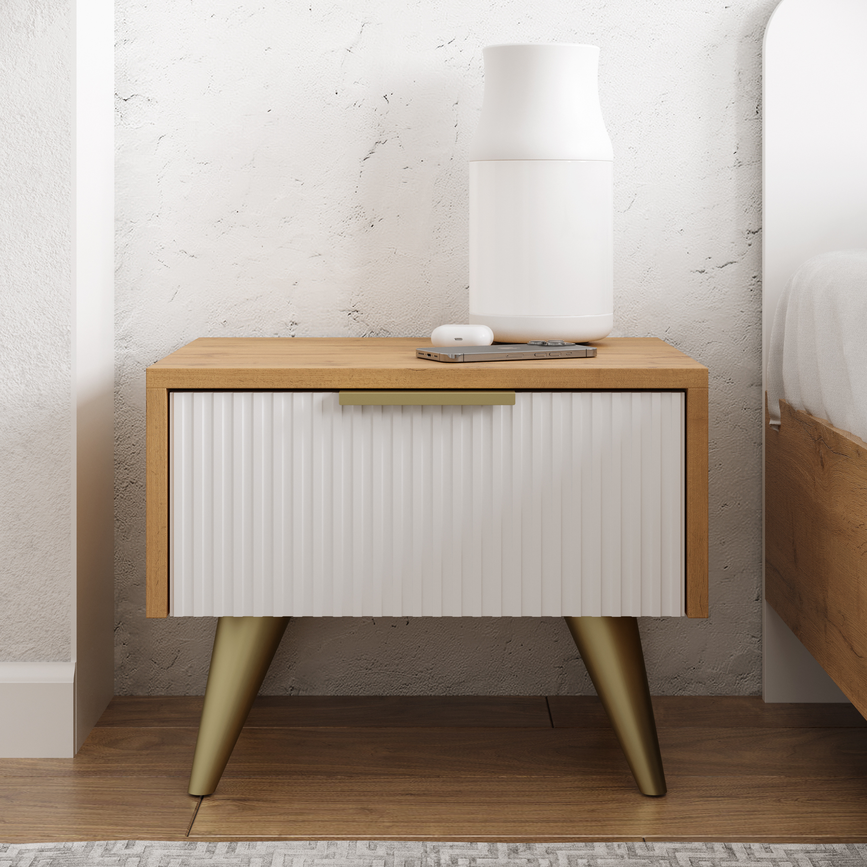 Прикроватная тумба DIWO Краснодар напольная 45x35x35 белая, дуб вотан, ручка золото