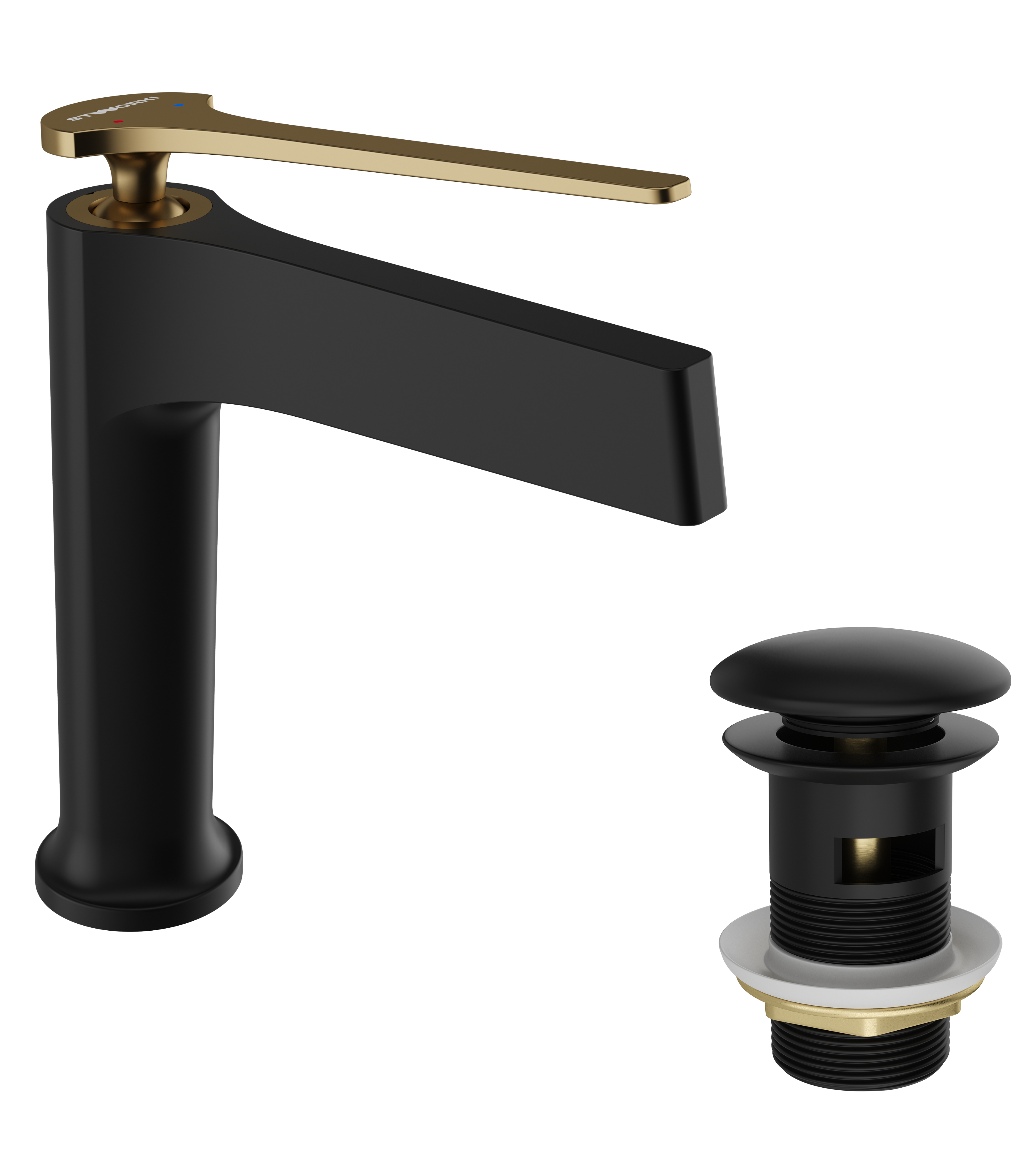 Смеситель для раковины STWORKI Аулум S06010BG матовый черный, матовое золото + донный клапан SD-001BK матовый черный