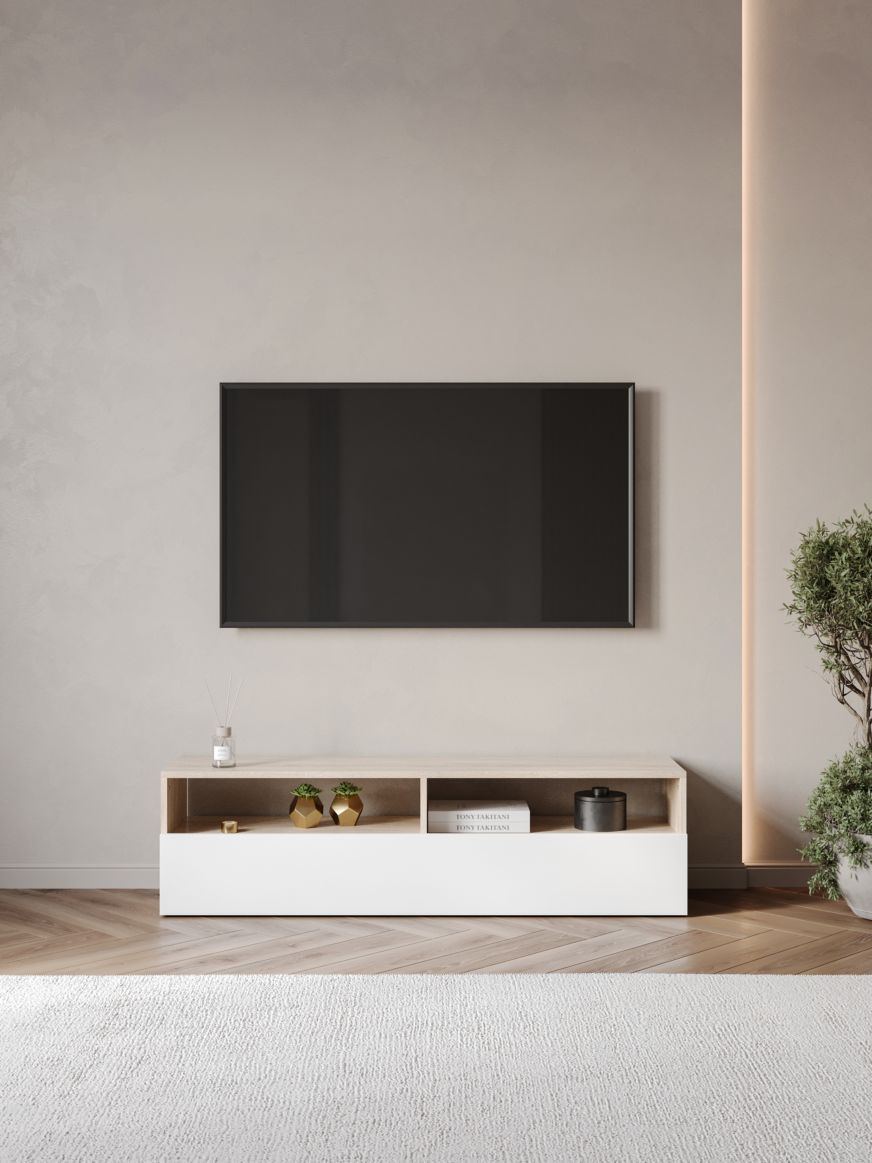 Тумба под телевизор DIWO Коломна 134 напольная, 133x37x33,5 см, белый, дуб сонома