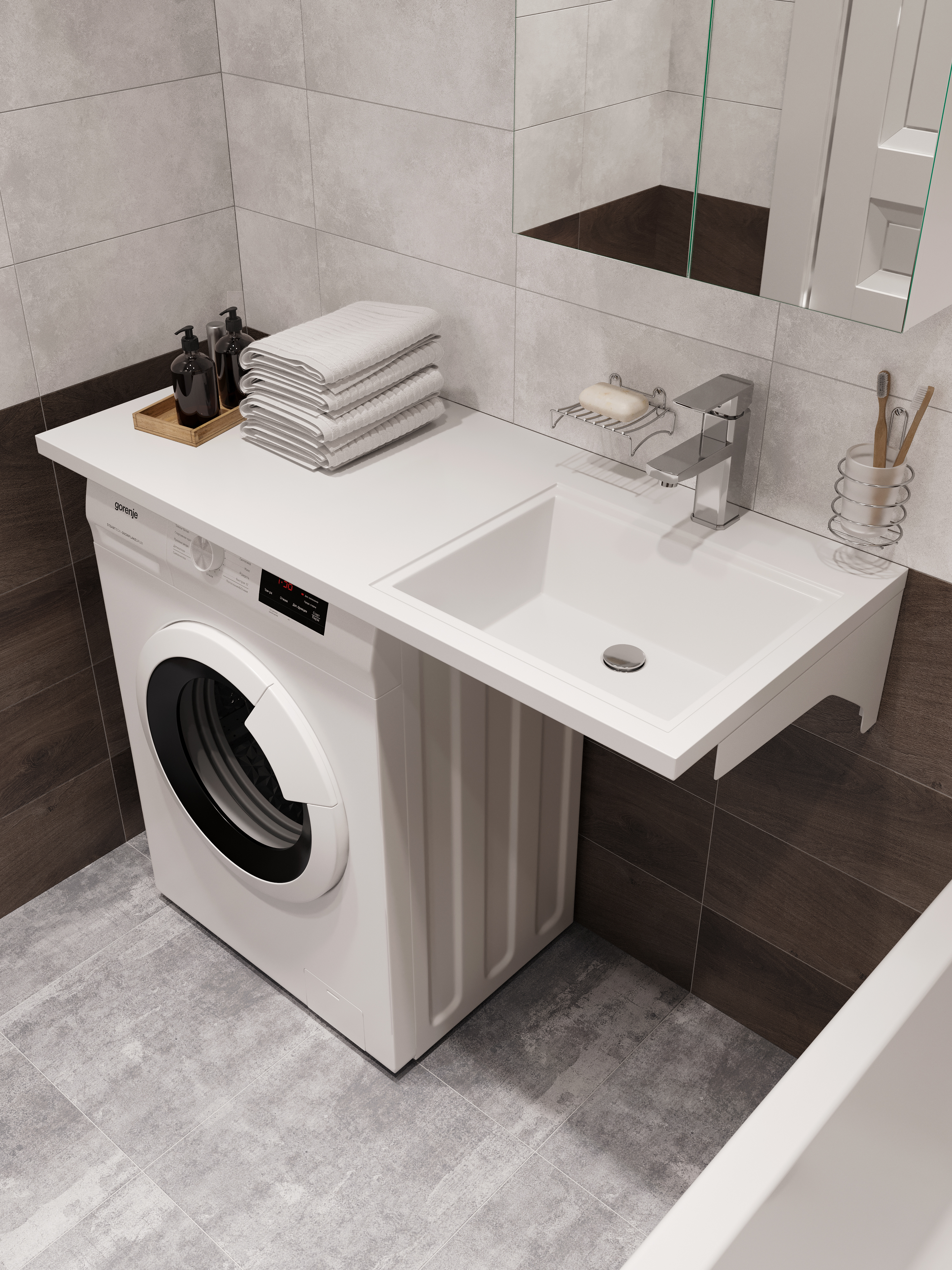 Раковина над стиральной машиной DIWO Тольятти 110 R глянцевая белая, прямоугольная, искусственный камень, со столешницей слева, с комплектом кронштейнов