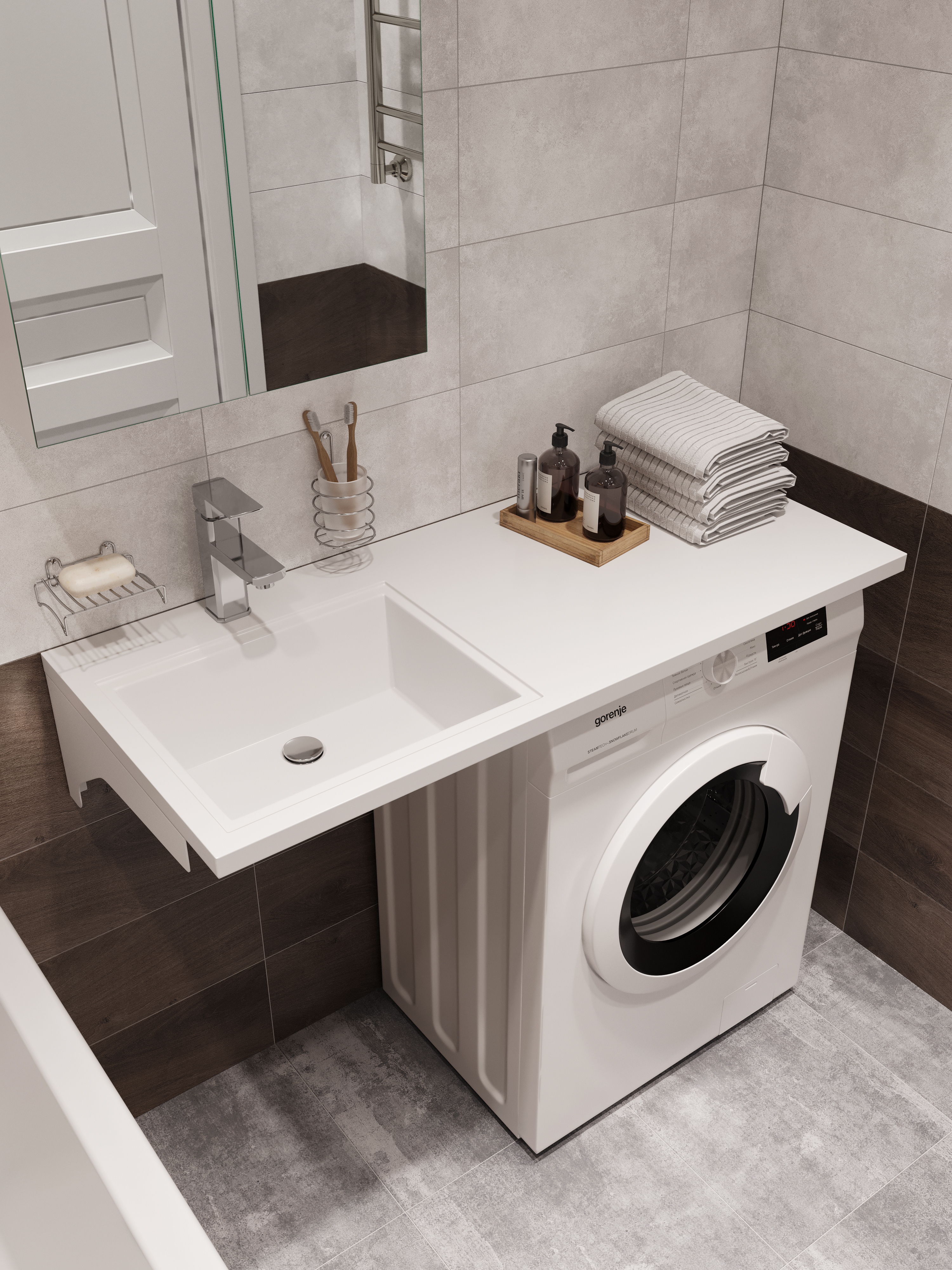 Раковина над стиральной машиной DIWO Тольятти 120 L глянцевая белая, прямоугольная, искусственный камень, со столешницей справа, с комплектом кронштейнов