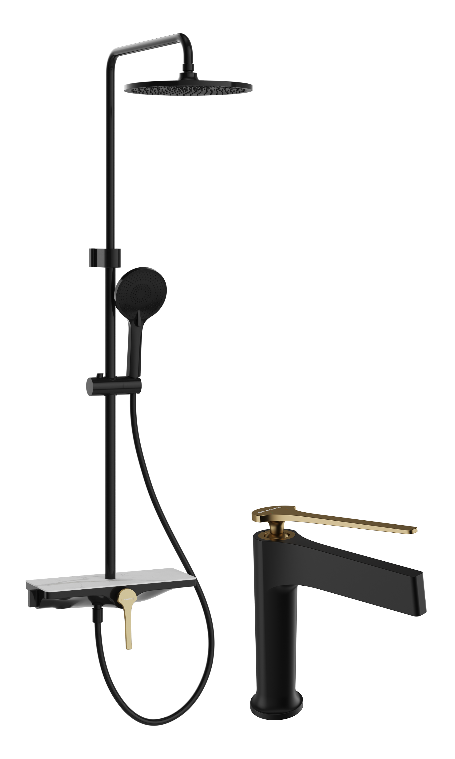 Комплект для ванной Смеситель STWORKI Аулум S06010BG, матовый черный, матовое золото + Стойка S06170BG, матовый чёрный, матовое золото