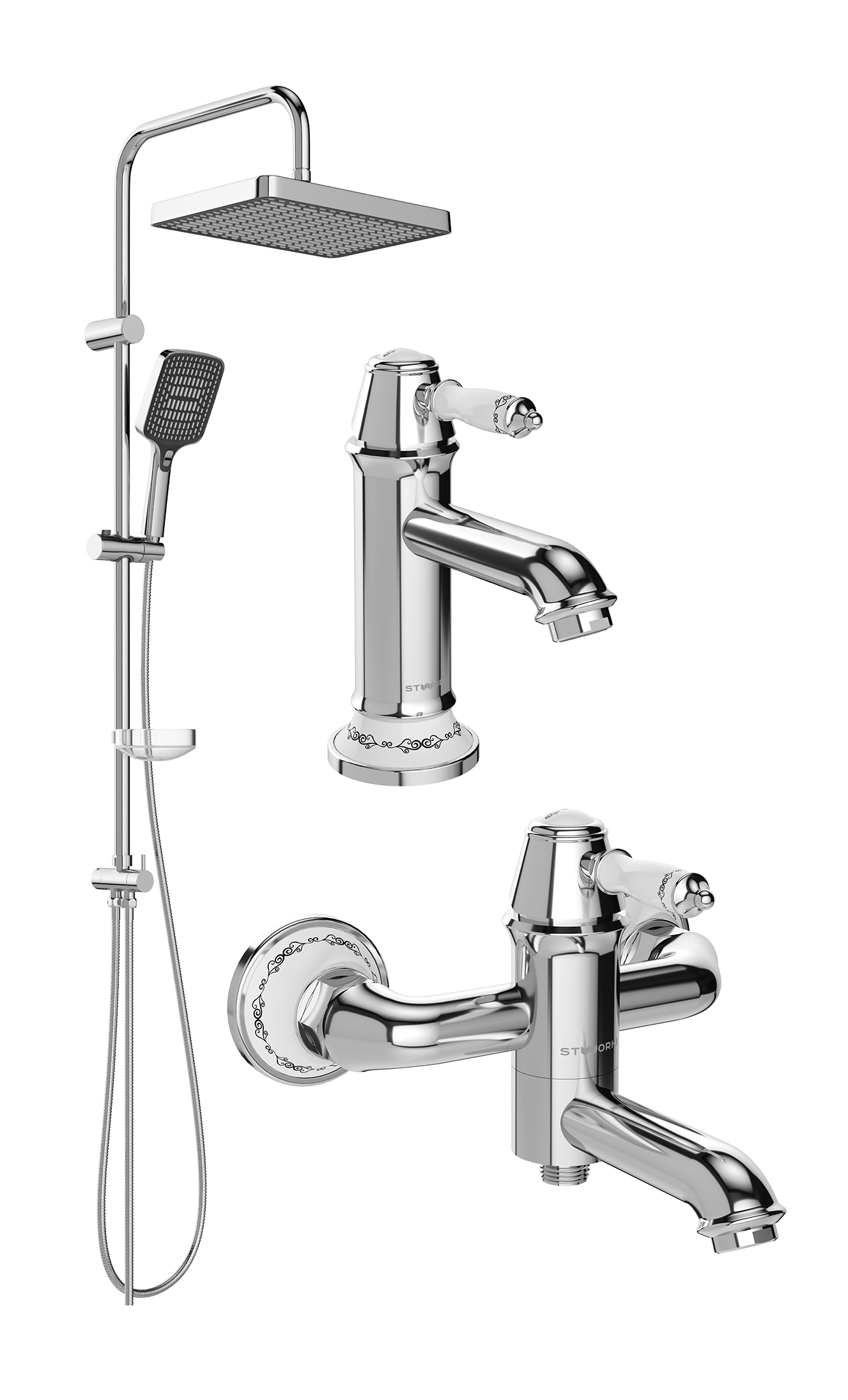 Комплект для ванной Смеситель STWORKI Свендборг S02010CR, хром + Стойка Хадстен S17180CR, хром + Смеситель S02100CR, хром