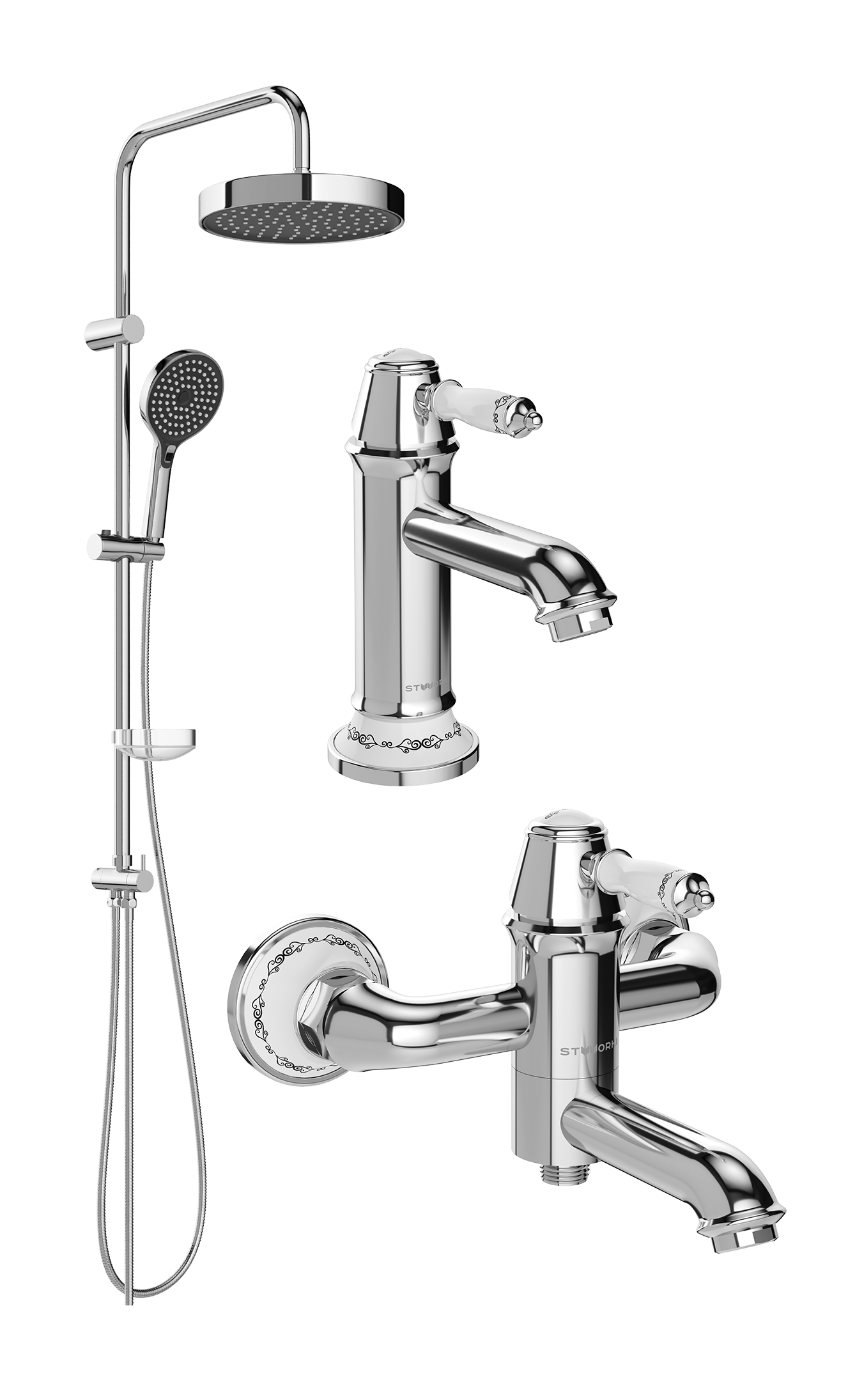 Комплект для ванной Смеситель STWORKI Свендборг S02010CR, хром + Стойка Хельсингборг S18180CR, хром + Смеситель S02100CR, хром