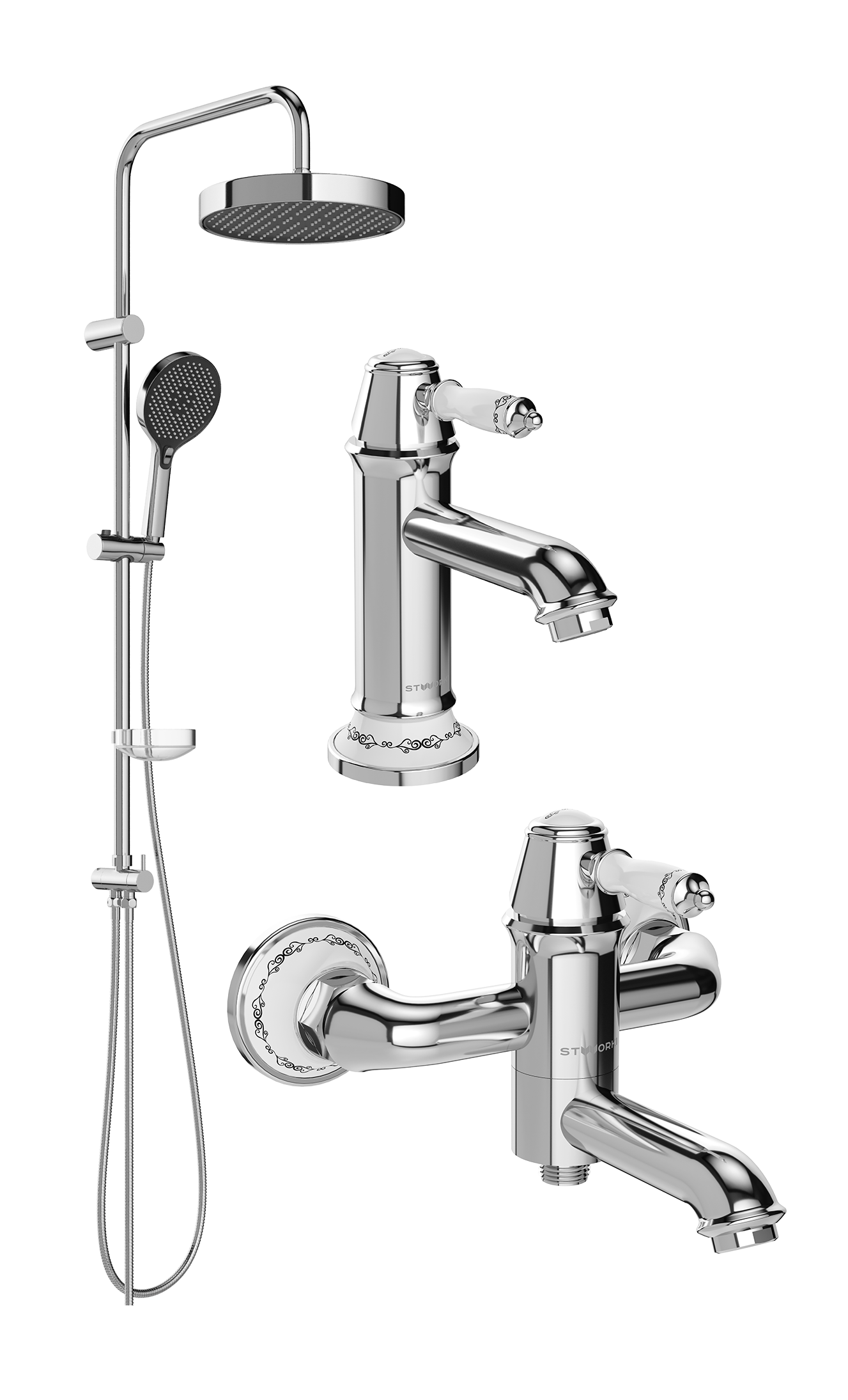 Комплект для ванной Смеситель STWORKI Свендборг S02010CR, хром + Стойка Молде S23180CR, хром + Смеситель S02100CR, хром