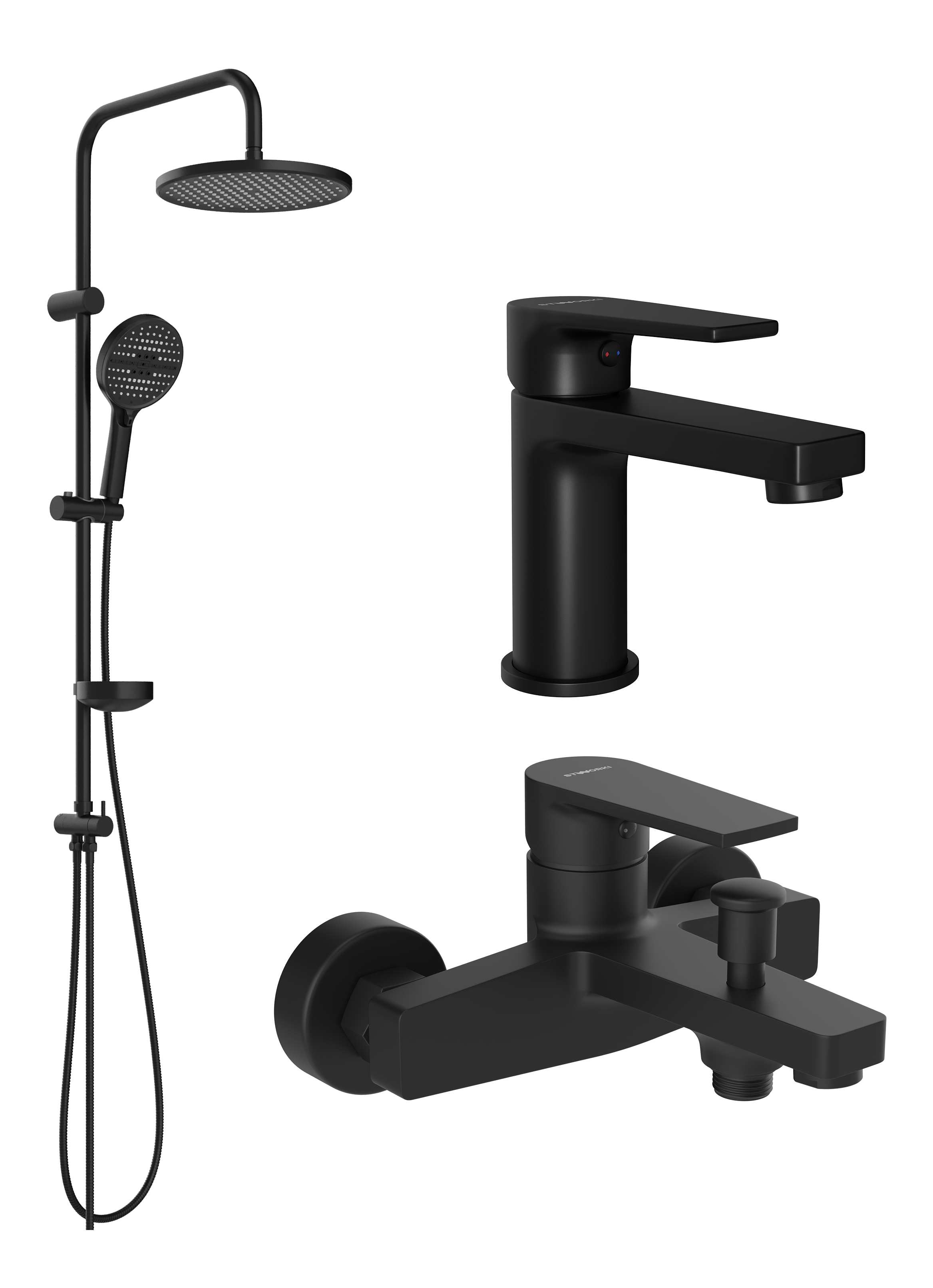 Комплект для ванной Смеситель STWORKI Берген S21010BK черный + Стойка Хальмстад S15180BK матовая черная + Смеситель S21100BK матовый черный