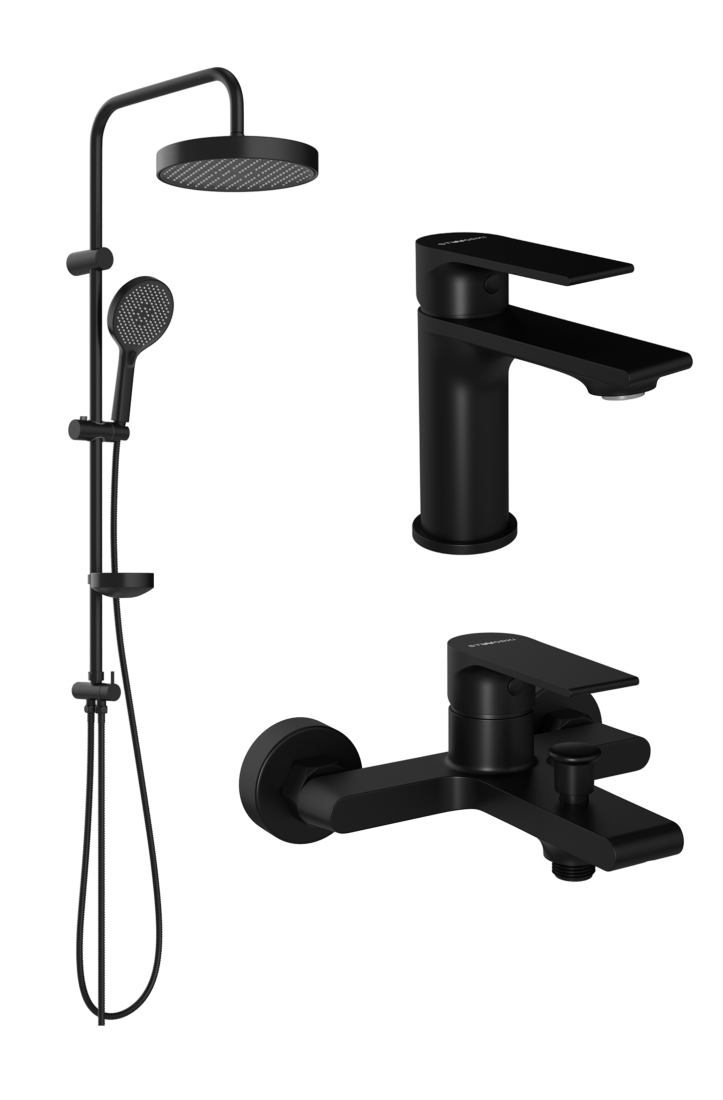 Комплект для ванной Смеситель STWORKI Колдинг S32010BK черный + Стойка Молде S23180BK матовая черная + Смеситель S32100BK матовый черный