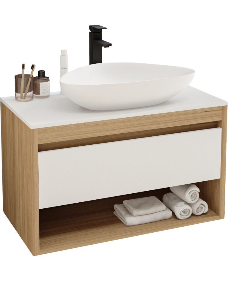 Тумба с раковиной Teymi Ritta 85 дуб эврика, матовая белая, раковина Ellie 60