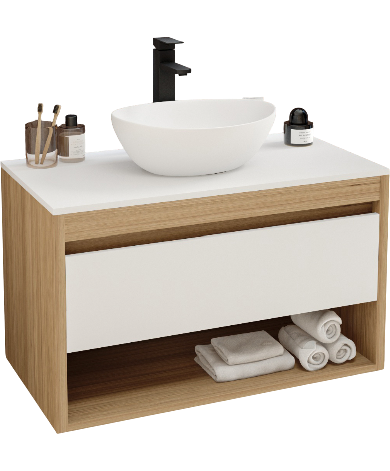Тумба с раковиной Teymi Ritta 85 дуб эврика, матовая белая, раковина Lori 40