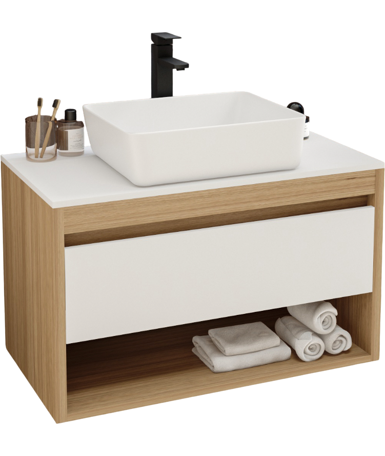 Тумба с раковиной Teymi Ritta 85 дуб эврика, матовая белая, раковина Helmi 50