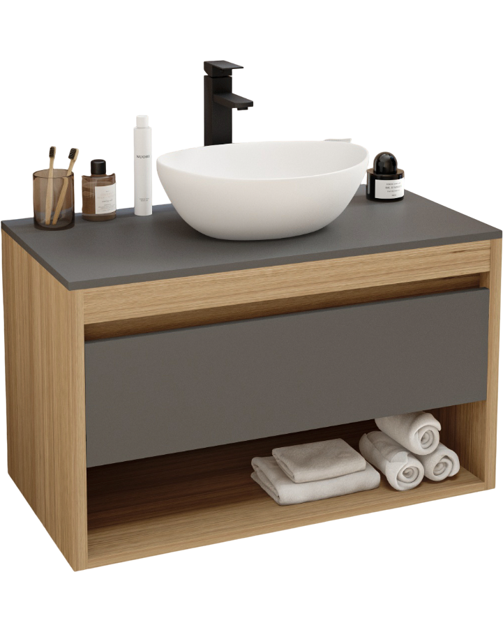 Тумба с раковиной Teymi Ritta 85 дуб эврика, матовый графит, раковина Lori 40
