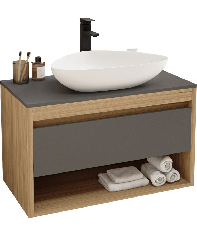 Тумба с раковиной Teymi Ritta 85 дуб эврика, матовый графит, раковина Ellie 60
