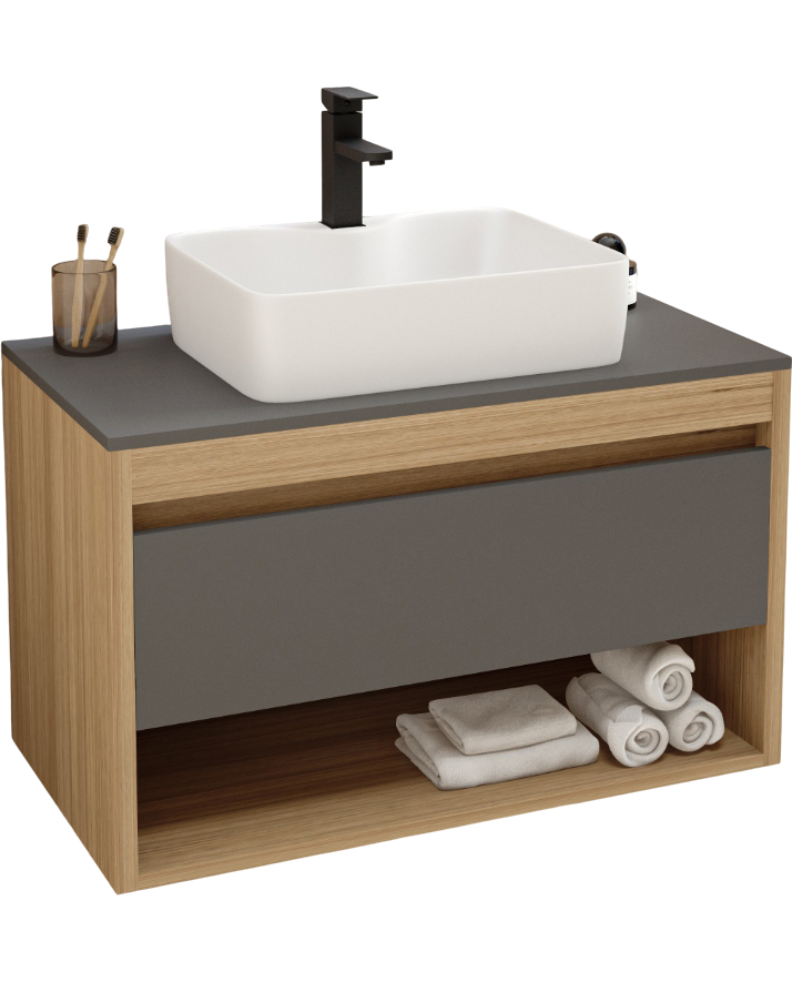 Тумба с раковиной Teymi Ritta 85 дуб эврика, матовый графит, раковина Helmi S 48